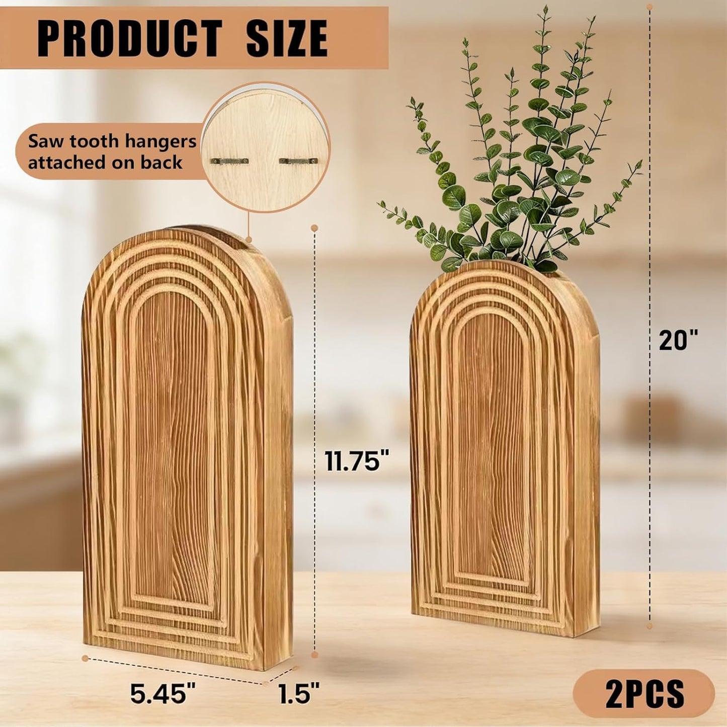 2 Pack Wooden Wall Vase Set, Hanging Planter For Indoor Plants & Flowers, Brown Finish Modern Farmhouse & Wall Decor For Entryway For Living Room Bedroom Bathroom Patio