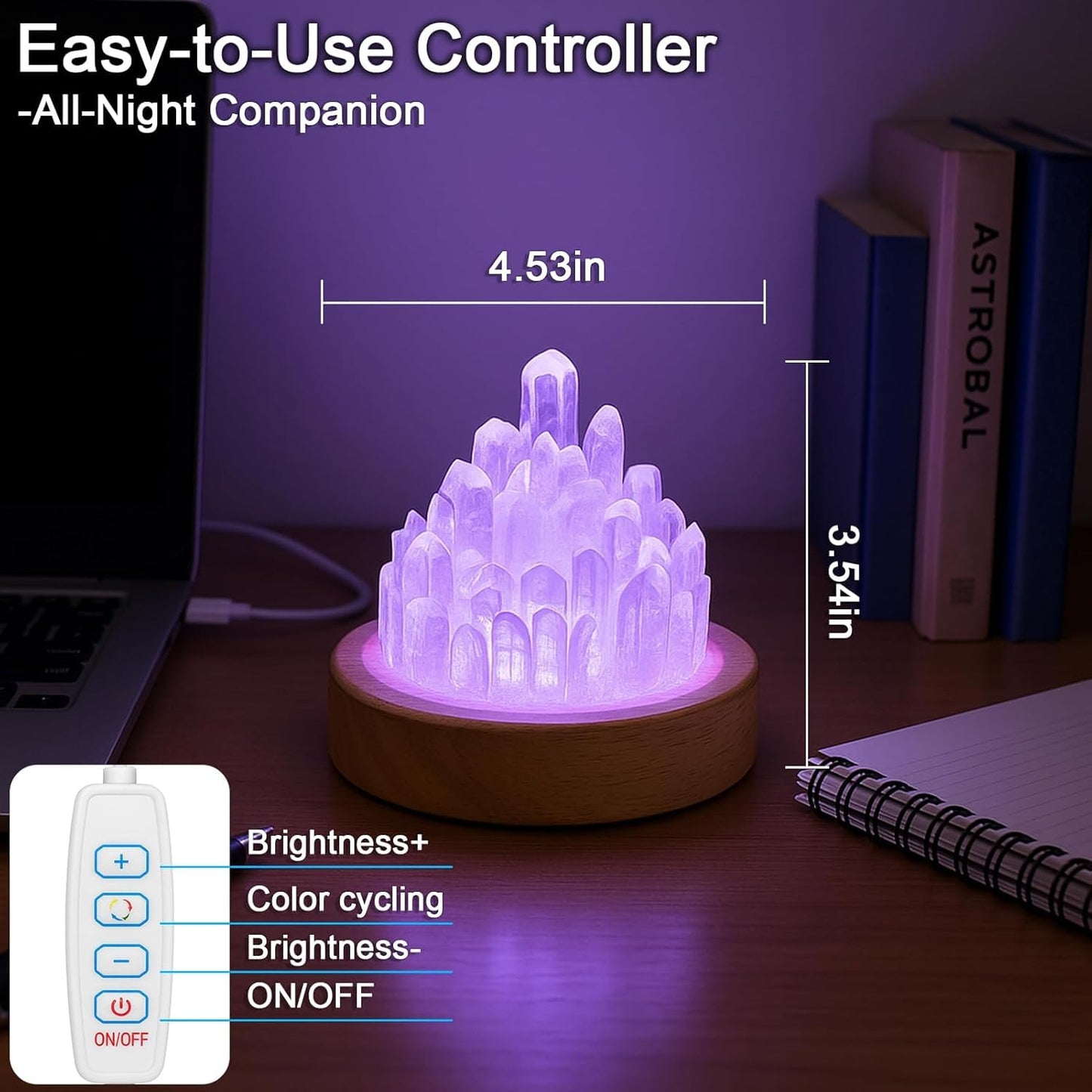 HayBaroda Clear Quartz Night Light - Healing Crystal Night Light Natural Crystal Bedside Lamp with Wooden Base, USB Port, Soft Warm Glow for Bedroom, Nursery, Office & Home Decor