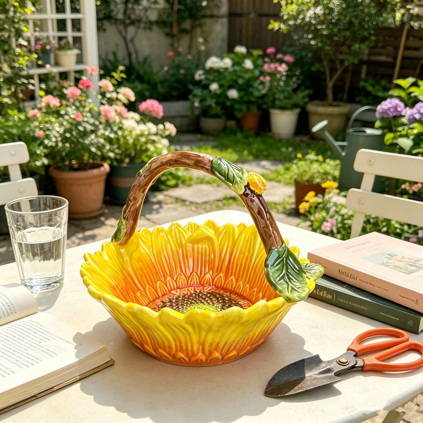 FORLONG Ceramic Sunflower Fruit Hand Basket, Snack Bowl, Hand Painted Art Tabletop Home Décor -8.5 inches (Yellow)