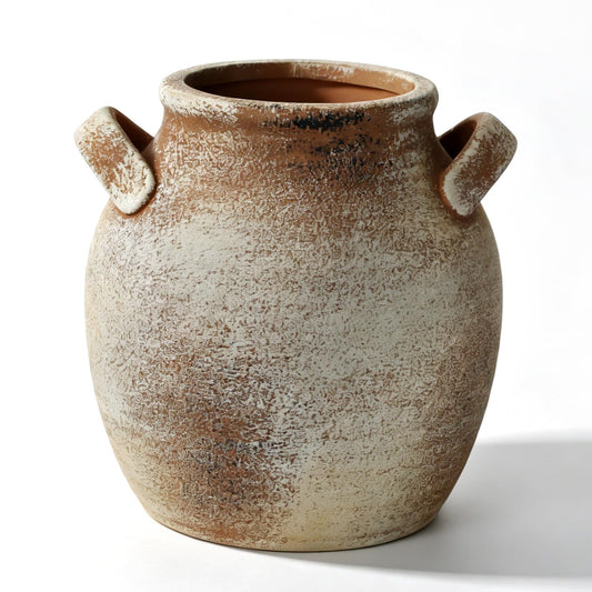 Sawoake Vintage Ceramic Vase with Handle, 7 Inch Farmhouse Rustic Pot, Retro Table Centerpiece for Coffee Desk, Living Room Bookshelf & Fireplace Dining Room Mantel Decor