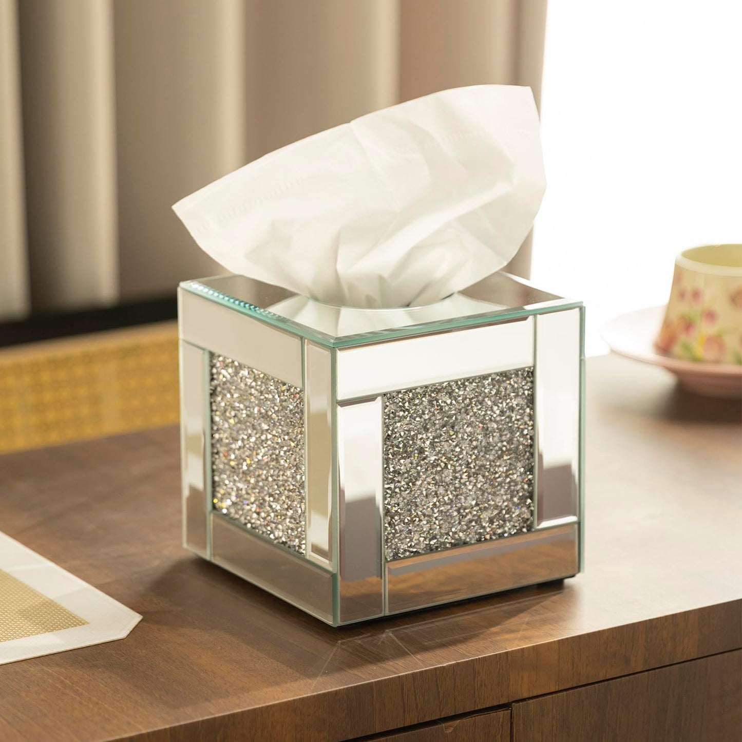 Mirrored Tissue Box Cover Holder, Square Glass Facial Tissue Holder with Crushed Diamond Crystals, Luxury Facial Paper Organizer Dispenser for Bathroom, Vanity Countertop, Tabletop, Silver