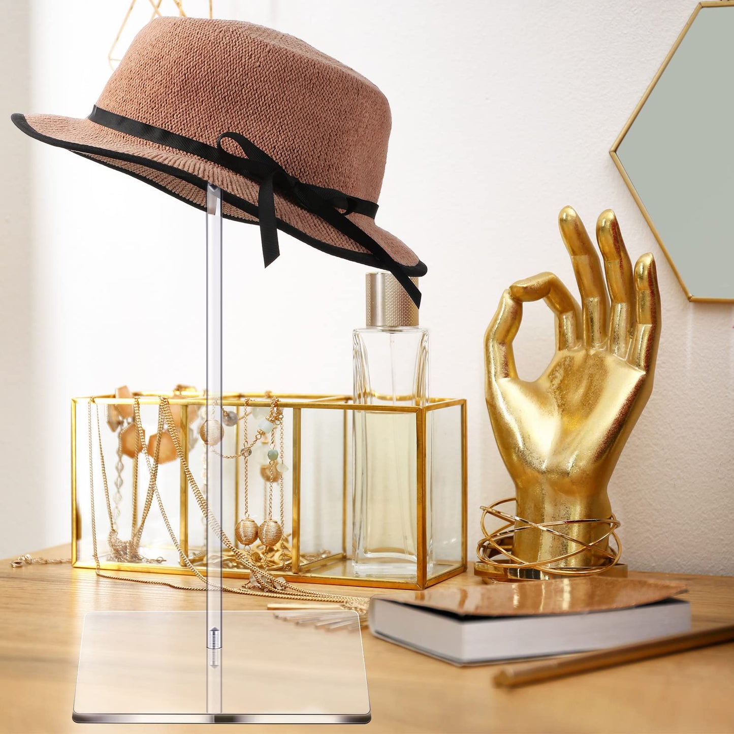 Chunful 4 Sets Acrylic Hat Stand Wig Display Rack Clear Pedestal Stand Baseball Hat Rack Square Round Acrylic Risers for Tabletop Display Watch Jewelry(12 Inch)