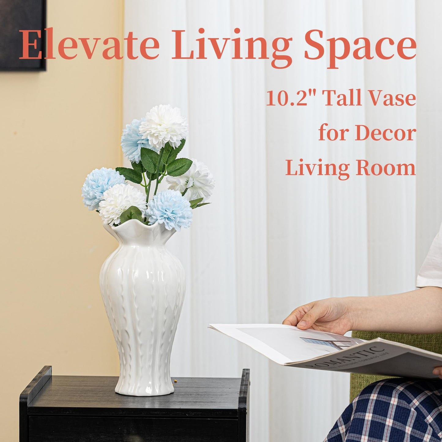 Elegant Lily Ceramic Flower Vase - 10.2" Glossy White Modern Vase for Decor Living Room, Table Centerpieces for Dining Room, Aesthetic Home Gifts
