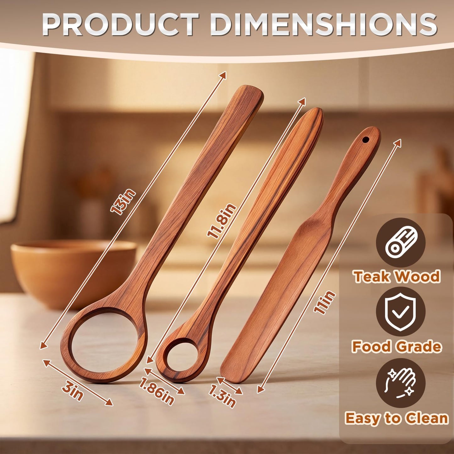 SiliFine 3 Pcs Danish Dough Whisk Set, Natural Teak Wood, Includes 2 Danish Dough Whisks and 1 Skinny Spurtle for Sourdough Starter Bread, Kitchen Baking Kit for Mixing Sourdough, Egg, and Flour