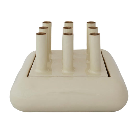 Bloomingville Square Enameled Metal Flower Vase with Frog Lid and 9 Openings, Cream