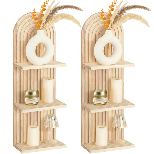 Geetery 2 Pcs Boho Wall Shelf Arch Wooden Floating Shelves Mid Century Rainbow Wall Shelf Hanging Holder Double Vintage Mount Altar Decor for Nursery Bedroom(3 Tier)