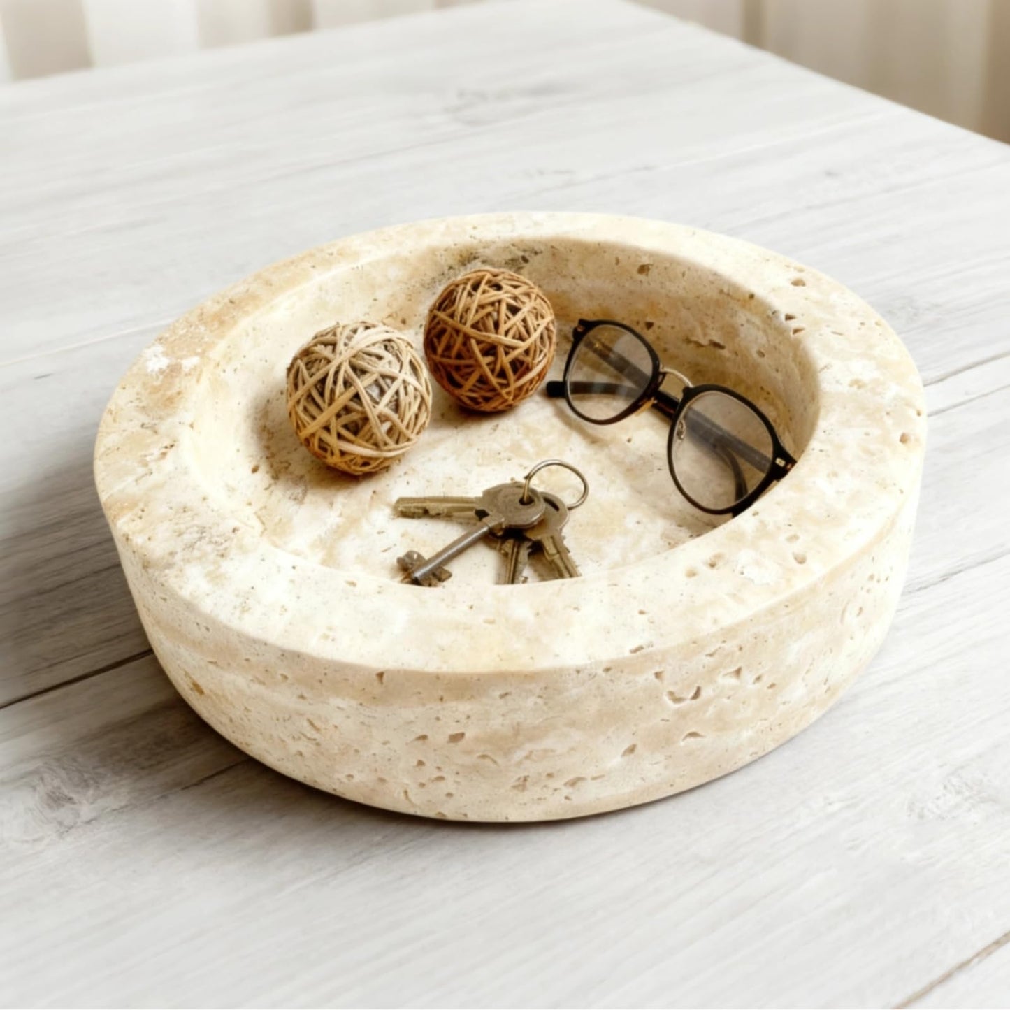 OZLMC Natural Travertine Marble Bowl - 7.8″ Handcrafted Stone Decorative Bowl for Kitchen Fruit, Entryway Keys, Dining Table Centerpiece & Modern Home Decor