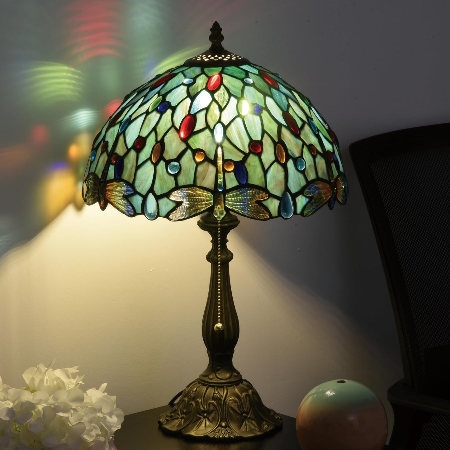 Msrzuds Tiffany Style Stained Glass Table Lamp 12-inch Dia Ocean Blue Dragonfly Design Lampshade Vintage Nightstand Light for Bedroom Dorm Living Hallway Cottage Office Cafe Ceremony Housewarming Gift