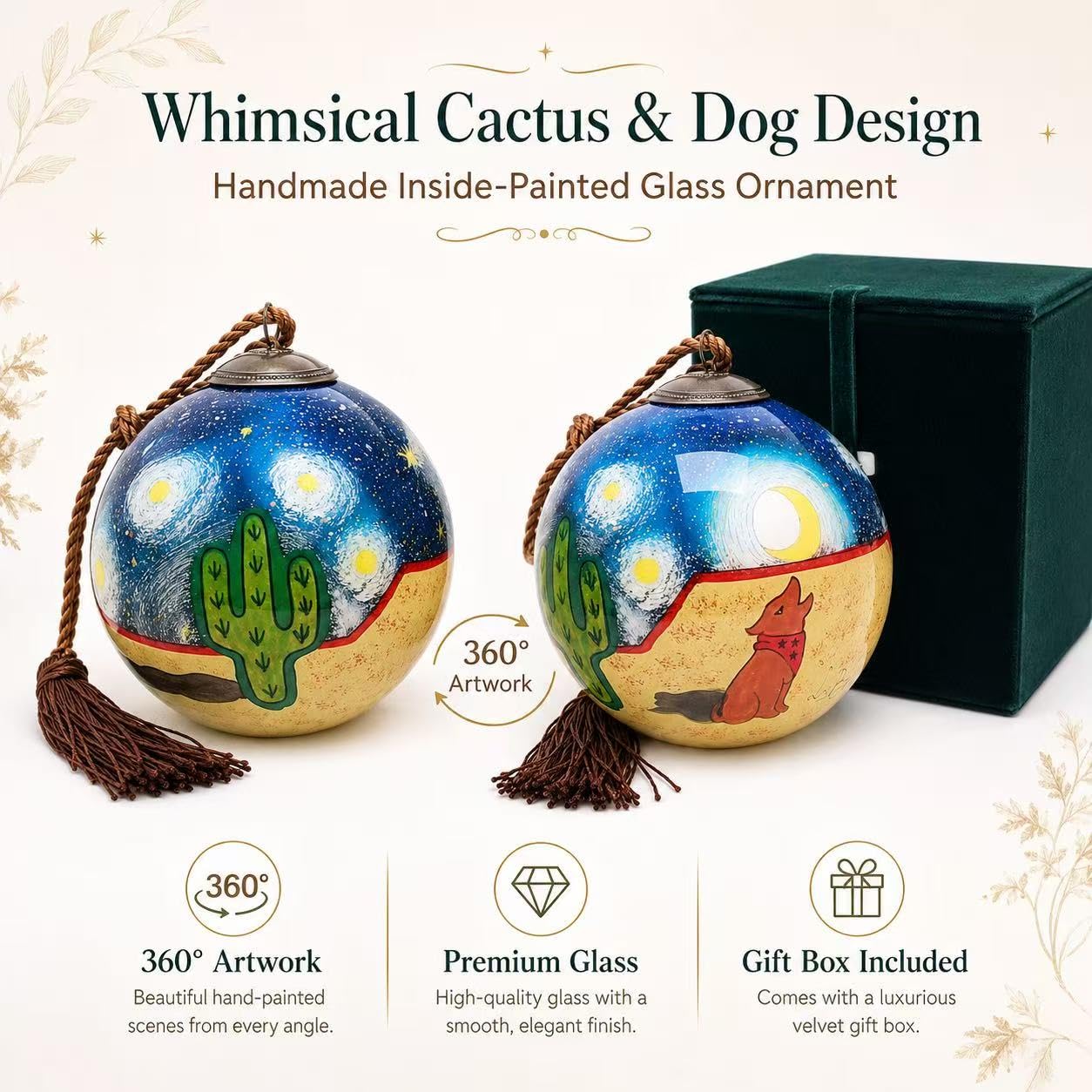 LiBien Cactus & Dog Handmade Inside Painted Glass Ornament with Gift Box - Whimsical Art Collectible - Gift for Dog Lovers, Pet Moms, Birthdays, Easter & Art Enthusiasts