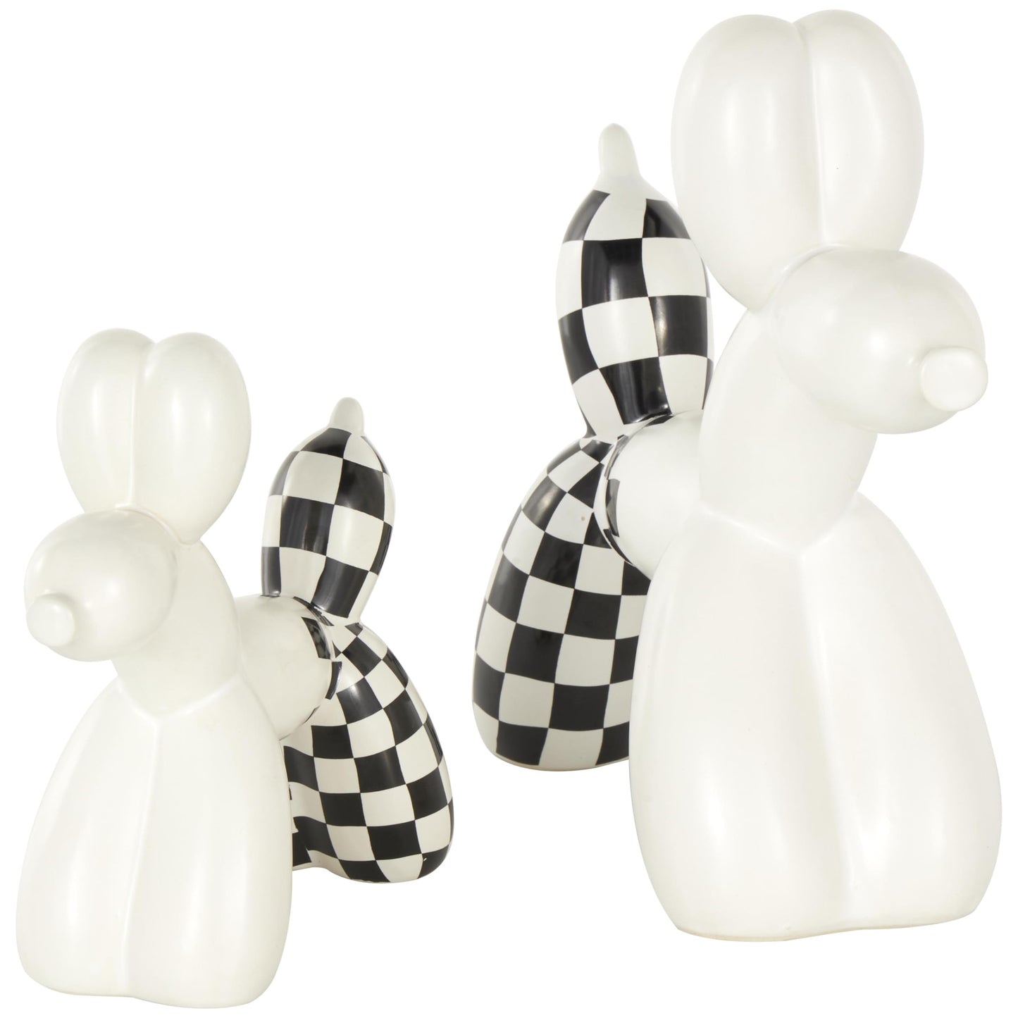 Deco 79 Ceramic Dog Decorative Sculpture Balloon Home Decor Statues with Checkered Accents, Set of 2 Accent Figurines 9", 7"H, White