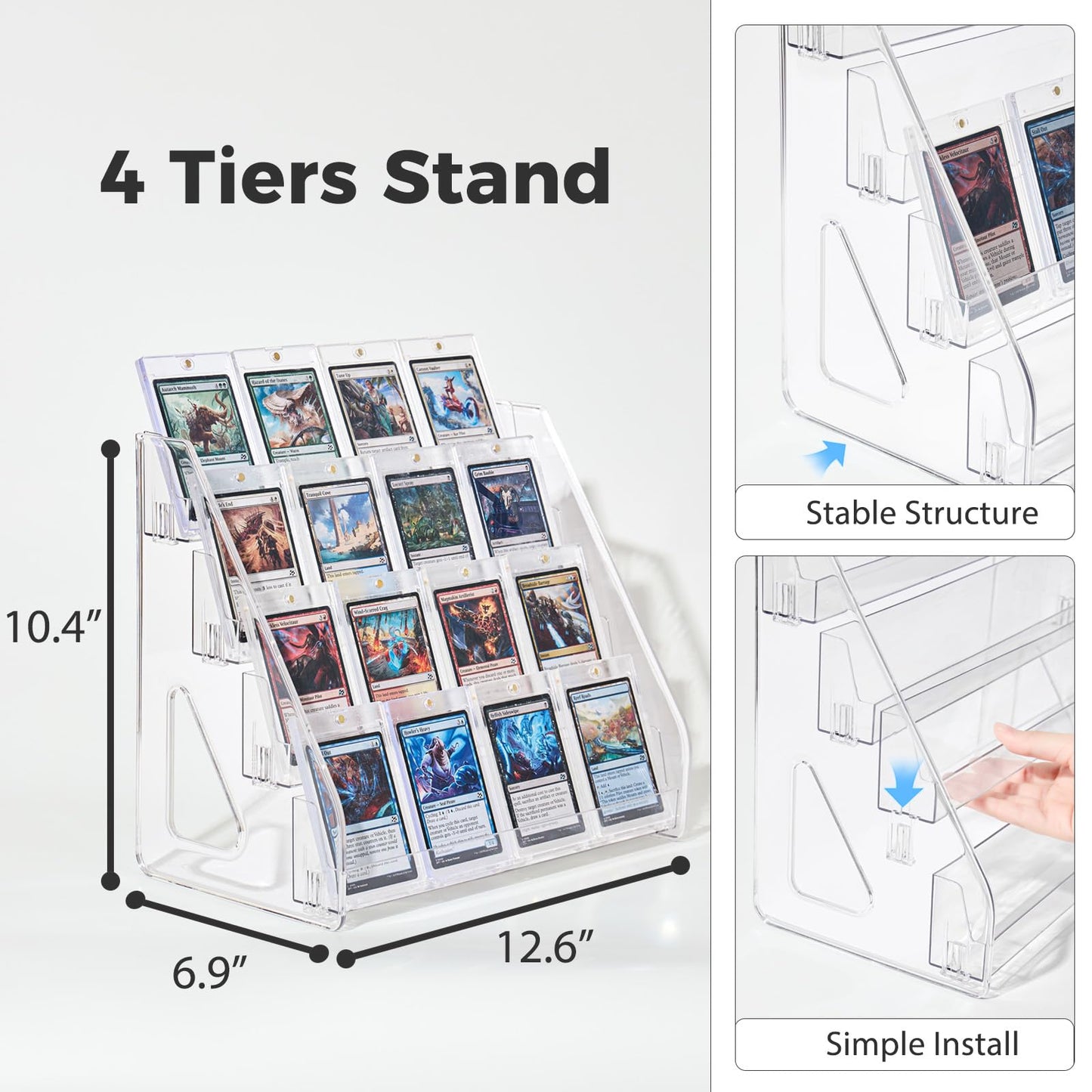 DEEIF 4 Tier Acrylic Trading Card Display Stand, 12" Riser Display Shelf for Magnetic Holders, Toploaders, PSA Graded Cards, TCG Sports Card Collection (1 Pack)