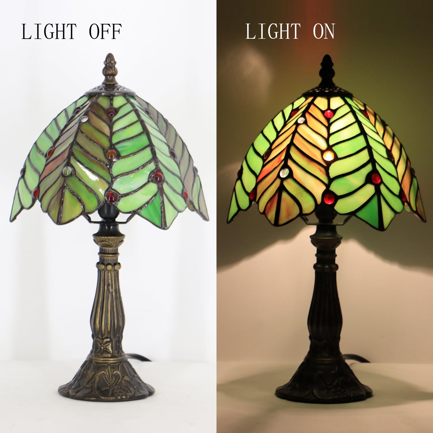 LXHCYOU Small Tiffany Lamp Mini Accent Table Lamp Stained Glass Desk Memory Lamp Sympathy 8X14.5 Inch (Brown Green Leaf)