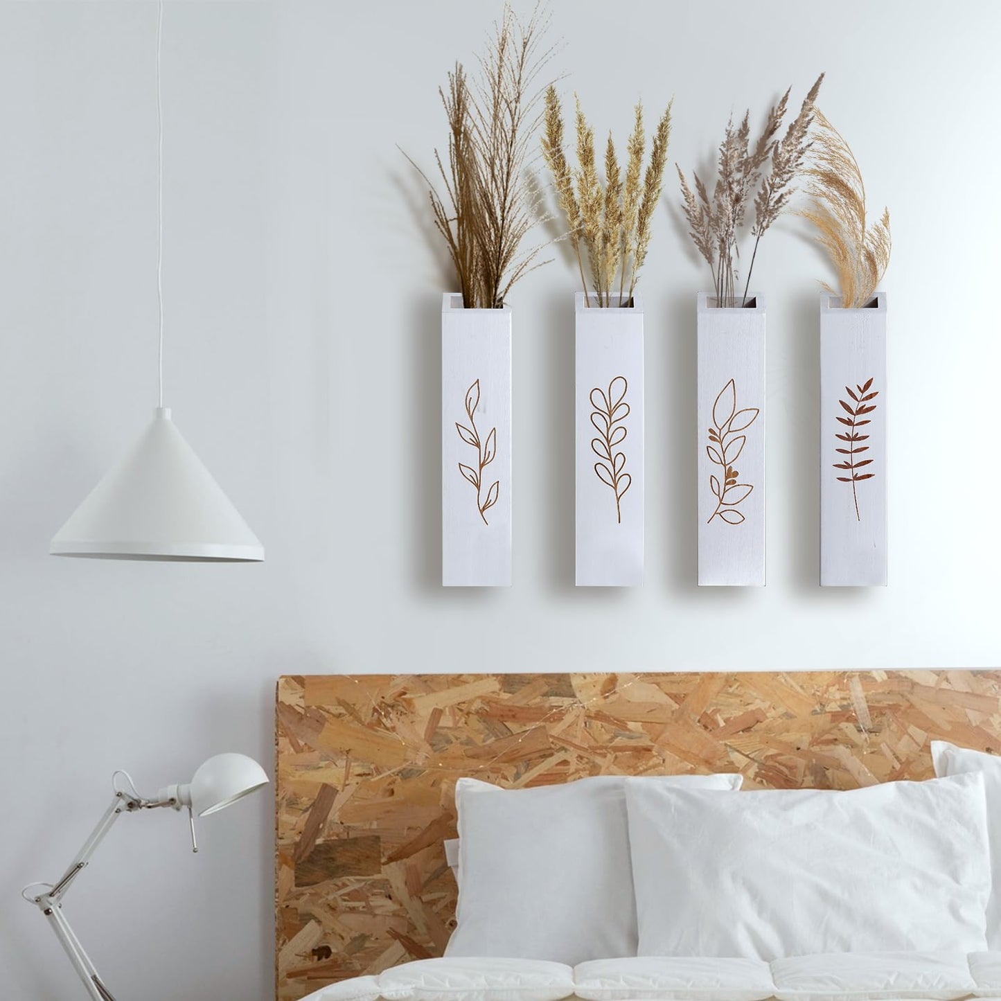 BOTOP Wood Wall Planter, Farmhouse 4 Pack Indoor Pocket Wall Vases Decor for Living Room Bedroom Dried Flowers Faux Greenery Plants (White)