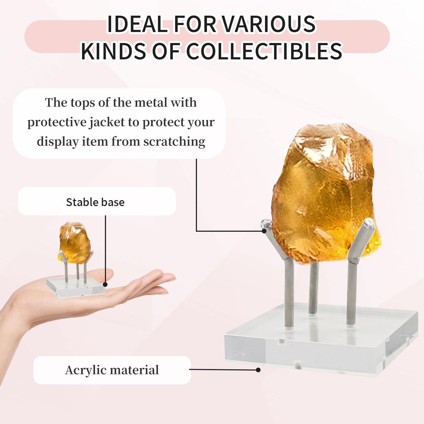 YITOBA 4 Pack Rock Display Stand with 3 Metal Peg, Acrylic Display Stands with Acrylic Base, Clear Crystal Holder for Geodes Mineral Agate and Small Collectibles (Silver)