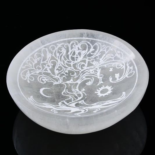 AMOYSTONE Natural Selenite Charging Bowl with Tree of Life Engraving 3.5-4'' Energy Cleansing Crystal Plate for Healing Meditation and Spiritual Home Decor