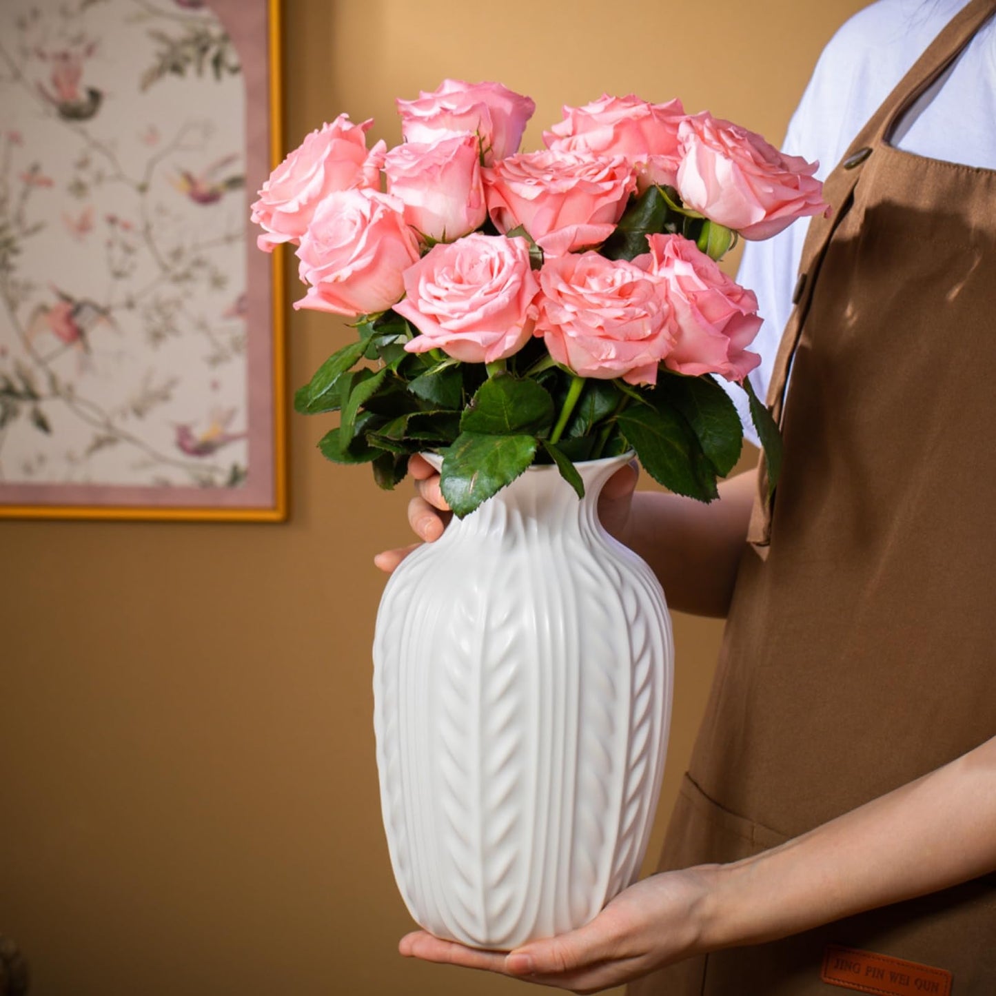 Lvases 10in Wheat Textured White Ceramic Flowers Vase Modern Home Decor