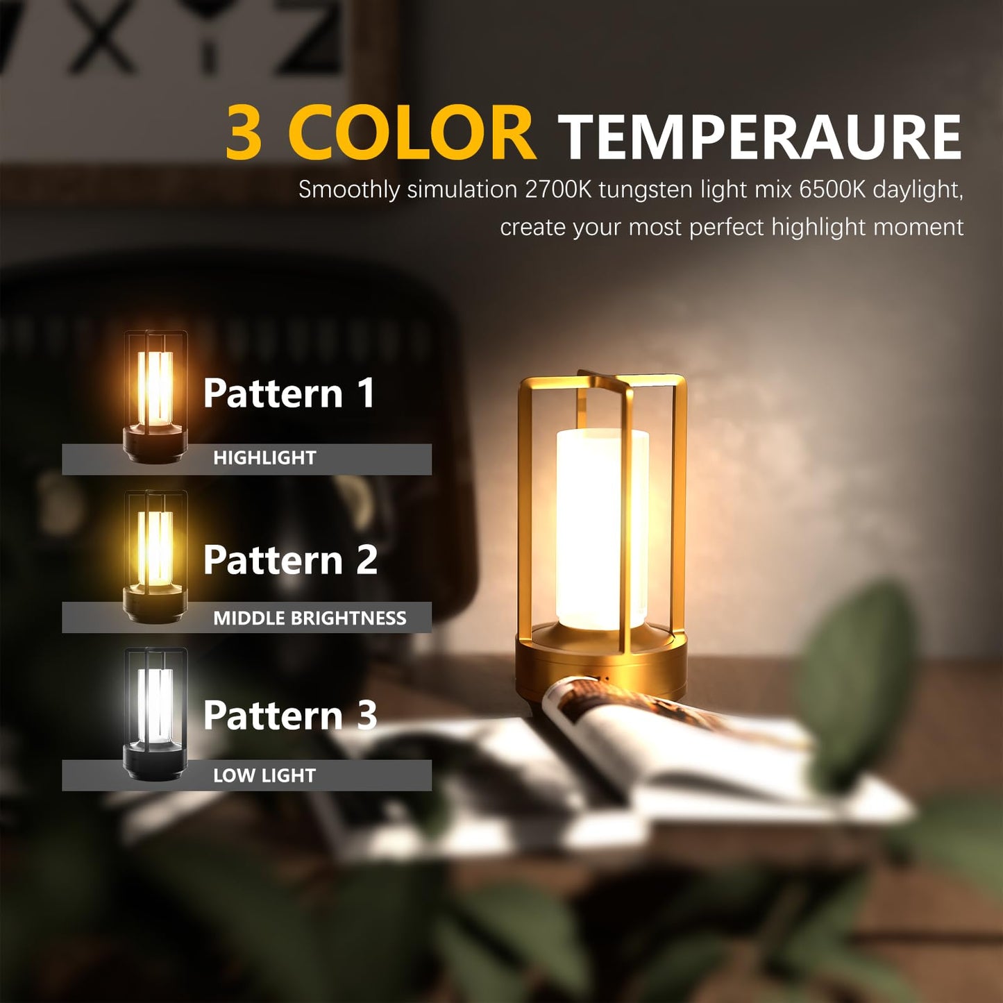 Anznzem Table Lamp, Portable Cordless Rechargeable LED, 3-Colour Dimming, Gold, Ideal for Bedroom, Outdoor, Restaurants, Bars, Coffee Shops, Camping