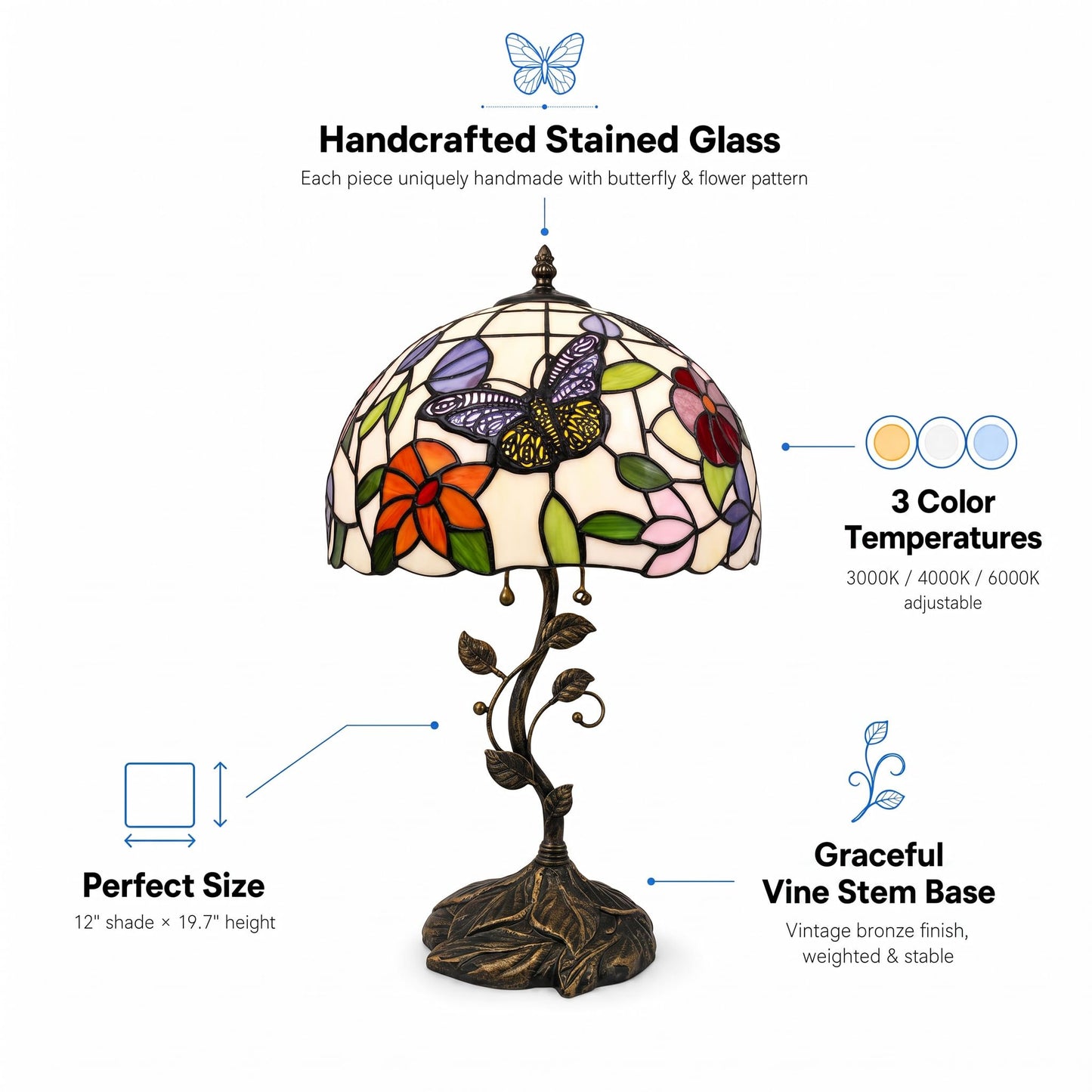 3EShinesys Tiffany Table Lamp, 12" Butterfly Flower Handmade Stained Glass Lamp Shade, Vintage Reading Light for Bedroom Living Room, LED Bulb Included