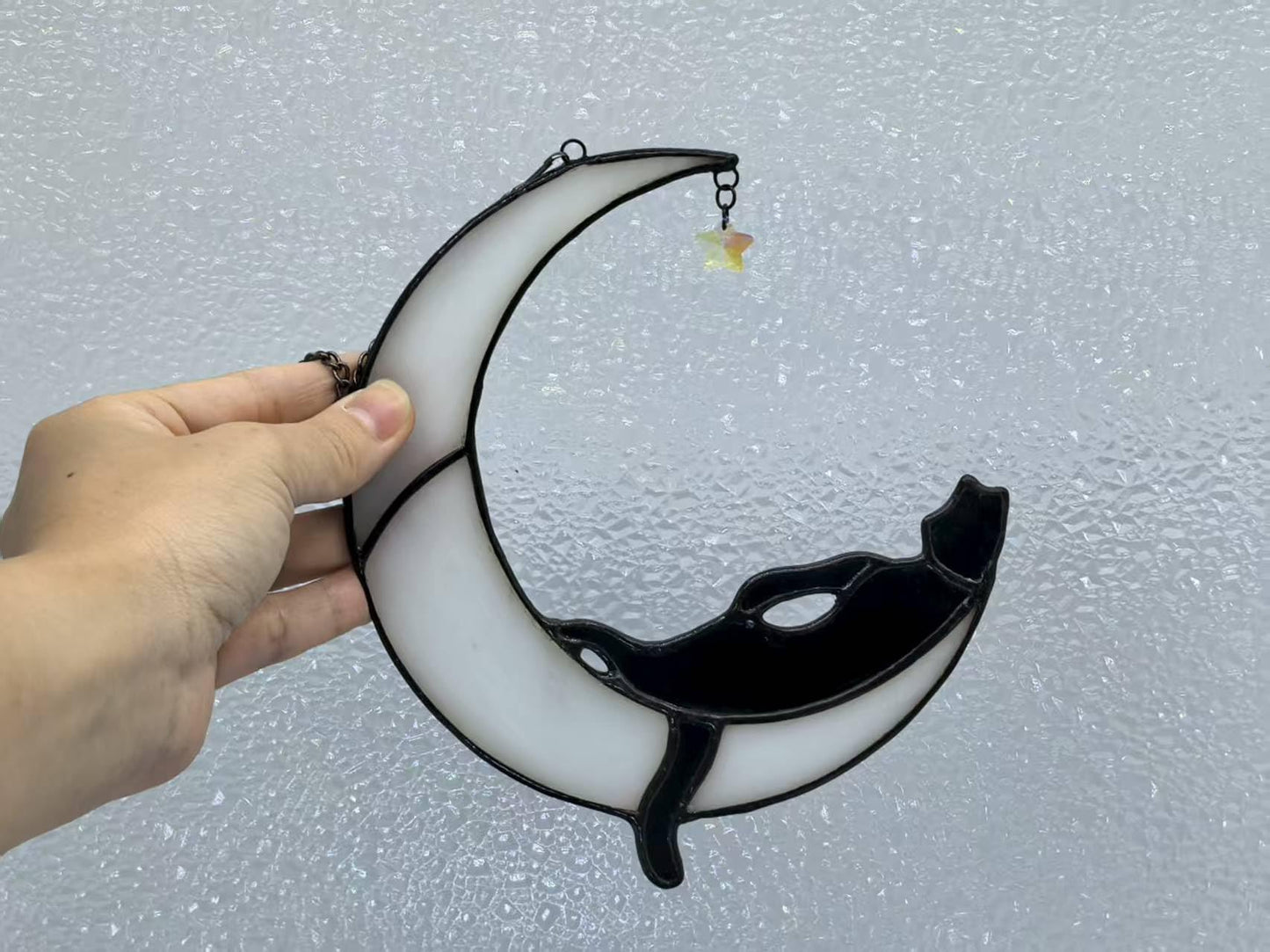 GONGWANTON Handmade Cat Stained Glass Window Suncatcher, Moon Design, Home Decor Hanging Ornament (Gift 2)
