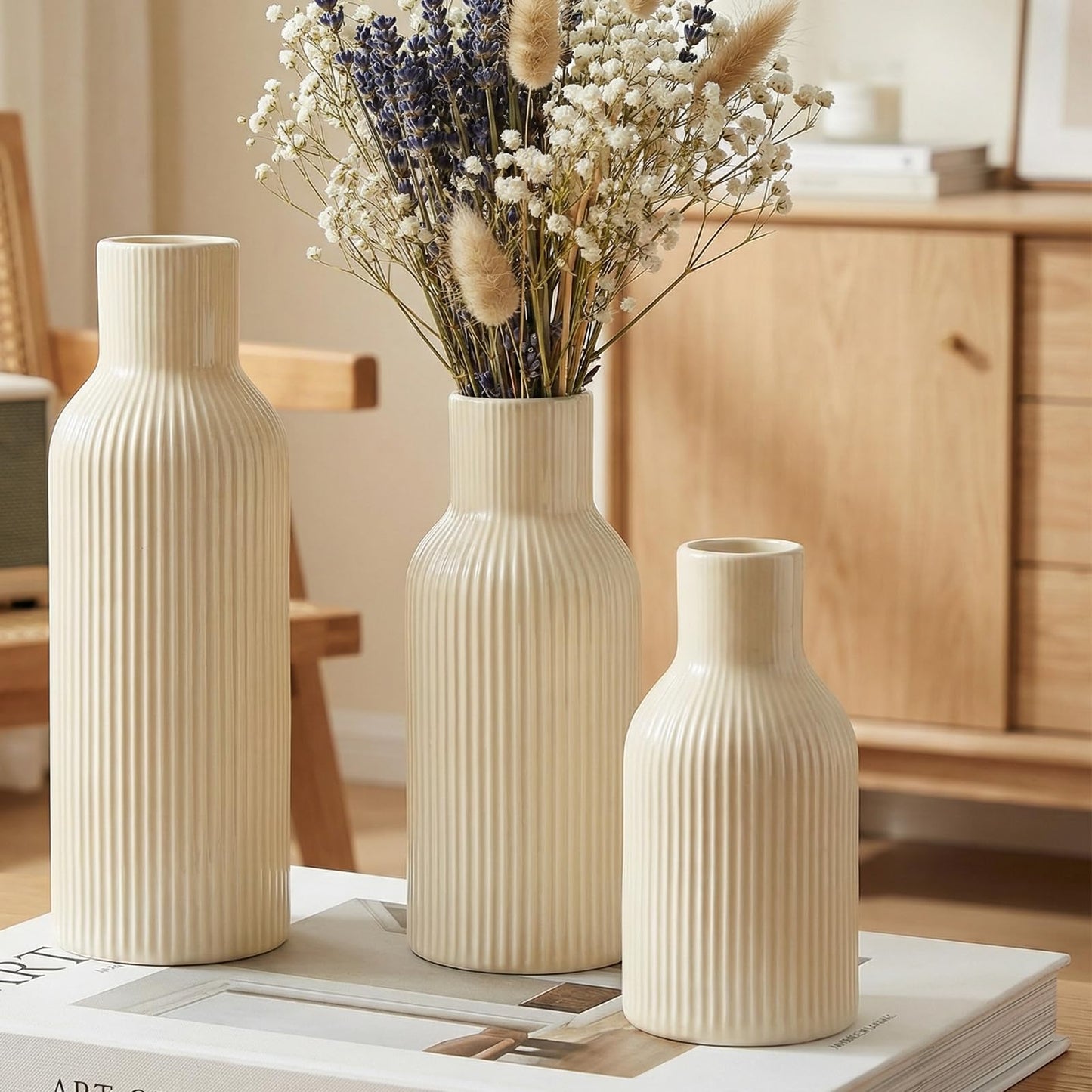 TrendEcoHome Beige Ceramic Flower Vases Set of 3, Modern Smooth Ribbed Texture, Nordic Minimalist Decor for Pampas, Dried & Fresh Flowers, Centerpiece for Living Room, Shelf, Entryway, Wedding