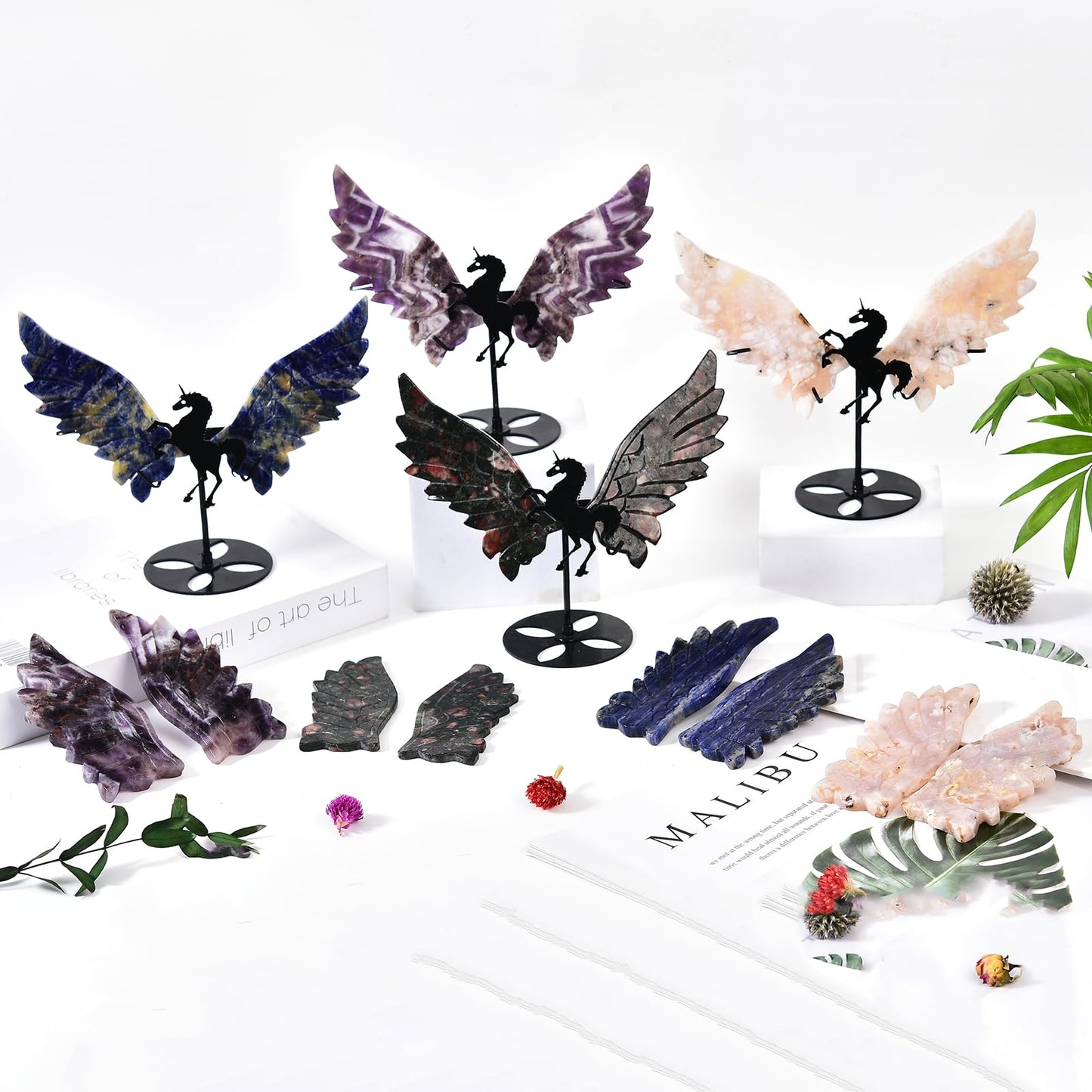 JIC Gem Large Sakura Agate Quartz Crystal Carved Wings with Unicorn Stand Healing Crystal Energy Gemstone Decoration Gifts(1pair)