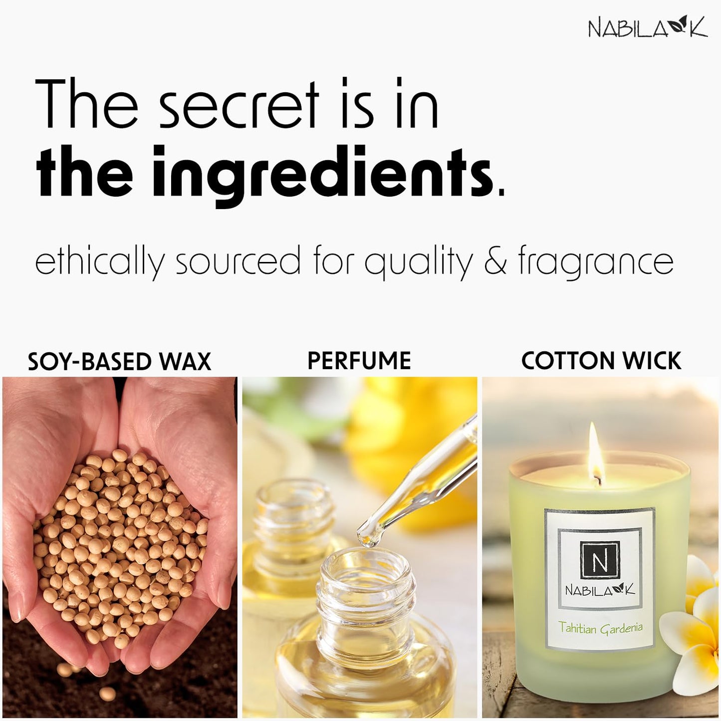 Nabila K - Tahitian Gardenia - Soy-Based Candle - Lemon, Cinnamon, Jasmine, Sweet Muguet & Spicy Coriander - Hand-Poured - Cotton Wick - Aromatherapy Candle w/Essential Oils - Made in USA - 14 oz