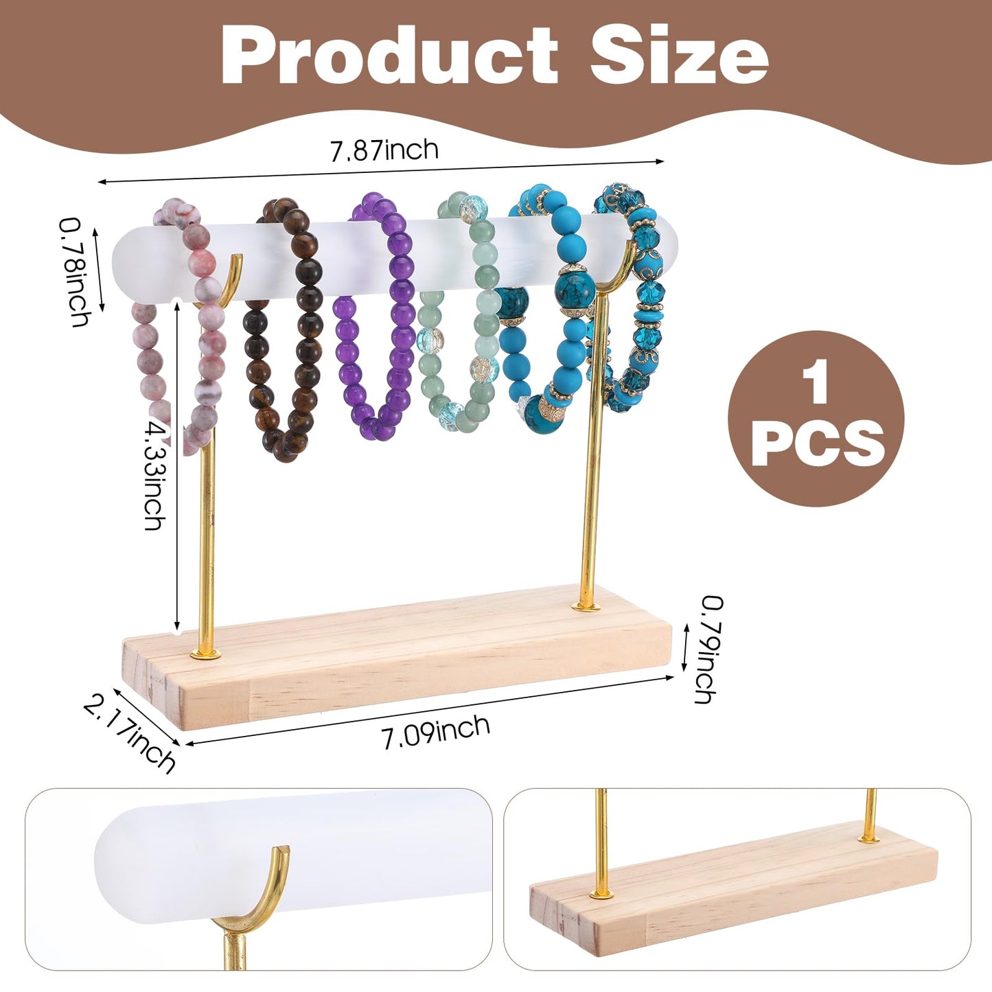 kenaeooe Selenite Bracelet Display Stand - Crystal Healing Jewelry Organizer & Holder for Bracelets, Watches, Necklaces - Detachable Wood Base & Metal Bracket for Cleansing