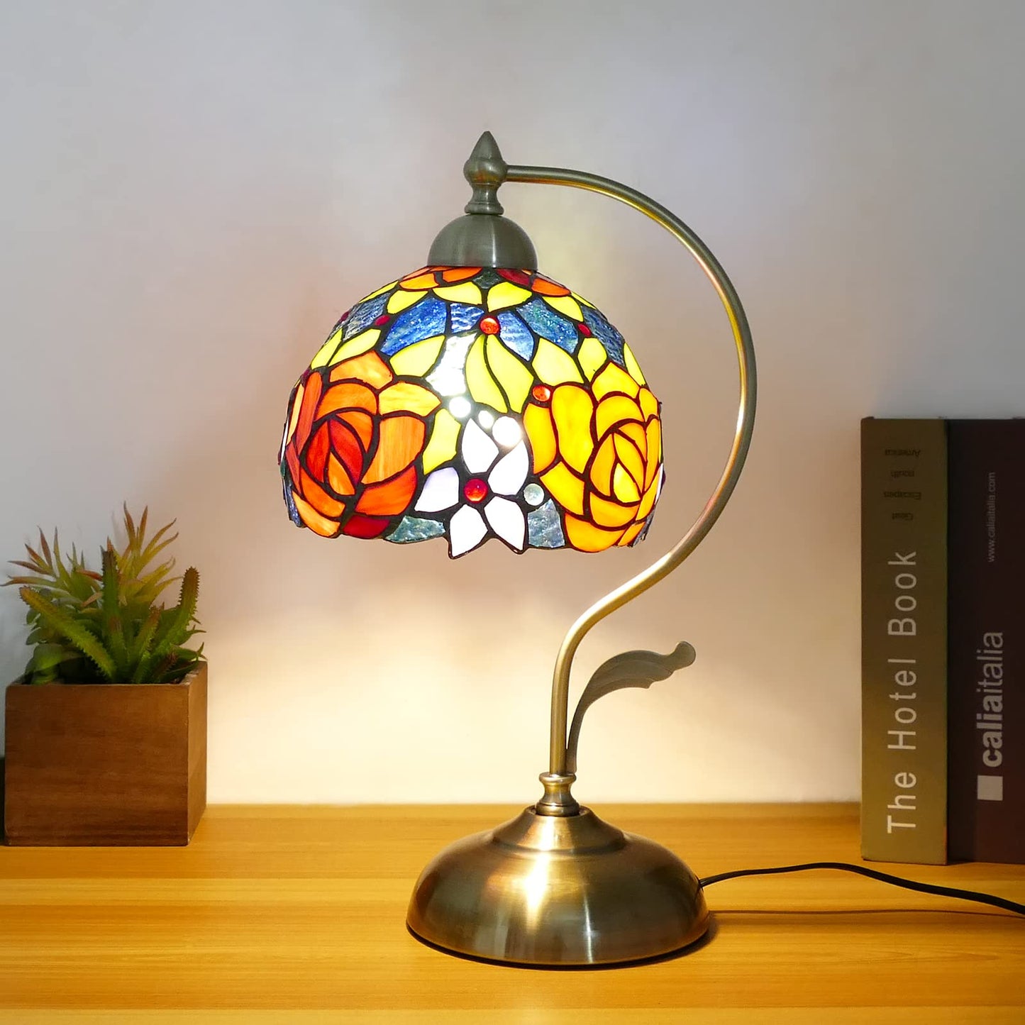 JGWSQ Rose Floral Tiffany Table Lamp, Stained Glass Curved Desk Lamp