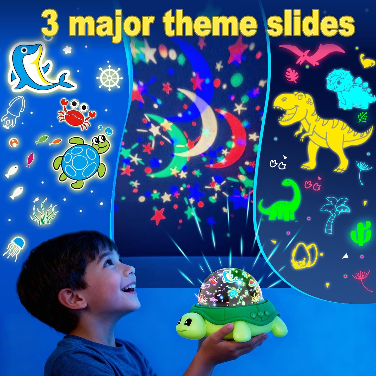 LMYCH Turtle Kids Night Light,Toys for Boys 3-8 Years Old Starry Sky Projector Light,360 Rotation,4 LED Bulbs,16 Light Colors Variable,USB Cable Powered,Ceiling Light for Kids Bedroom