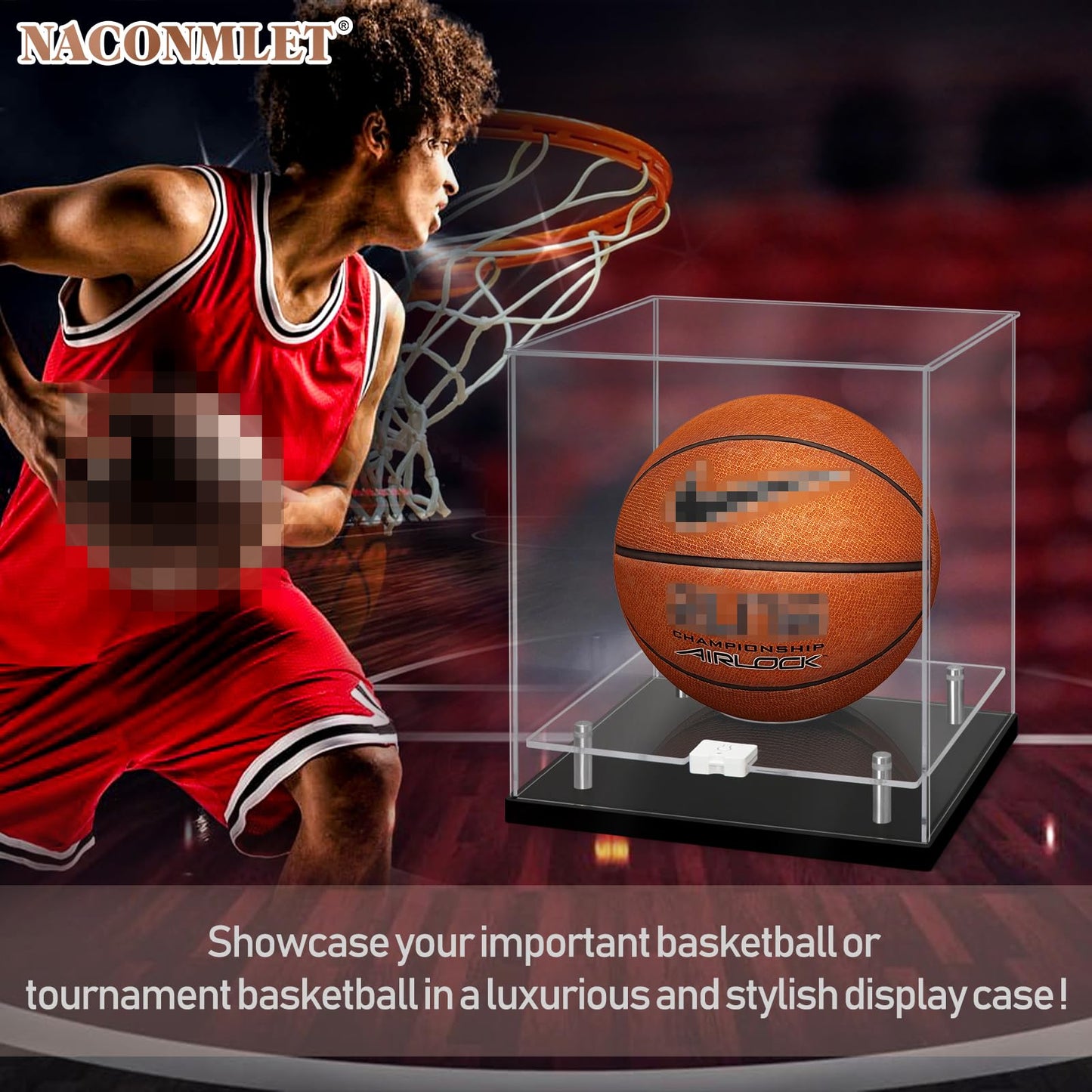 Naconmlet Clear Acrylic Basketball Display Case with LED Light - Fits Official Size 7 Autographed Ball, UV Protected Double Layer Showcase Stand Holder for Fans & Sports Collectibles