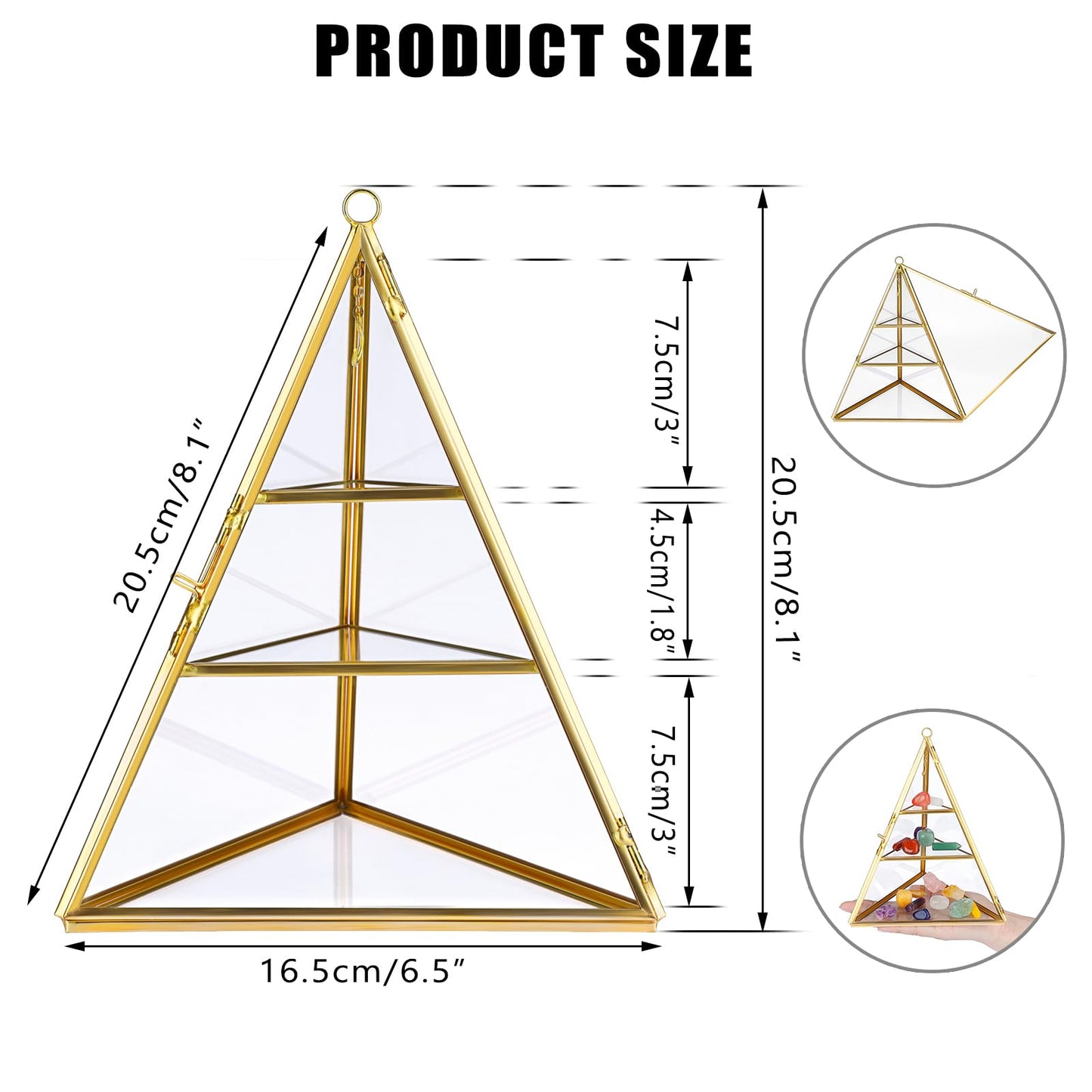 ELLDOO 3 Tier Glass Display Case for Collectibles, Triangular Crystal Display Shelf, Crystal Holder Decorative Display Tray for Crystals Healing Stones Marbles, Gold Metal Jewelry Display Stand