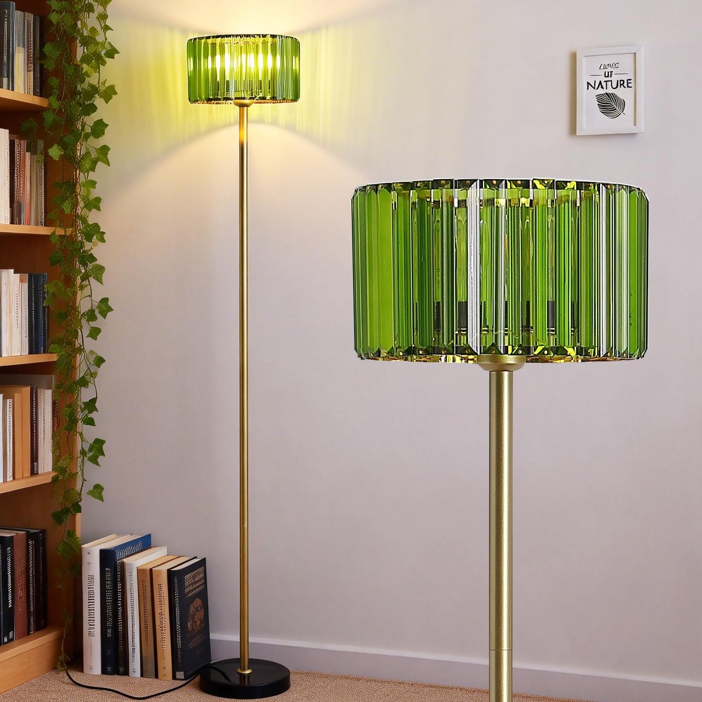 Asmymhd Modern Crystal Floor Lamp, Gold Standing Light with Green Crystal Shade, Mid Century Pole Lamp for Living Room, Bedroom, Corner Office (Gold and Green)