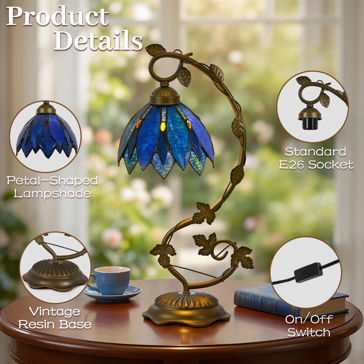 Drqvonth Tiffany Table Lamp, Blue Petal Stained Glass, Metal Leaf Base
