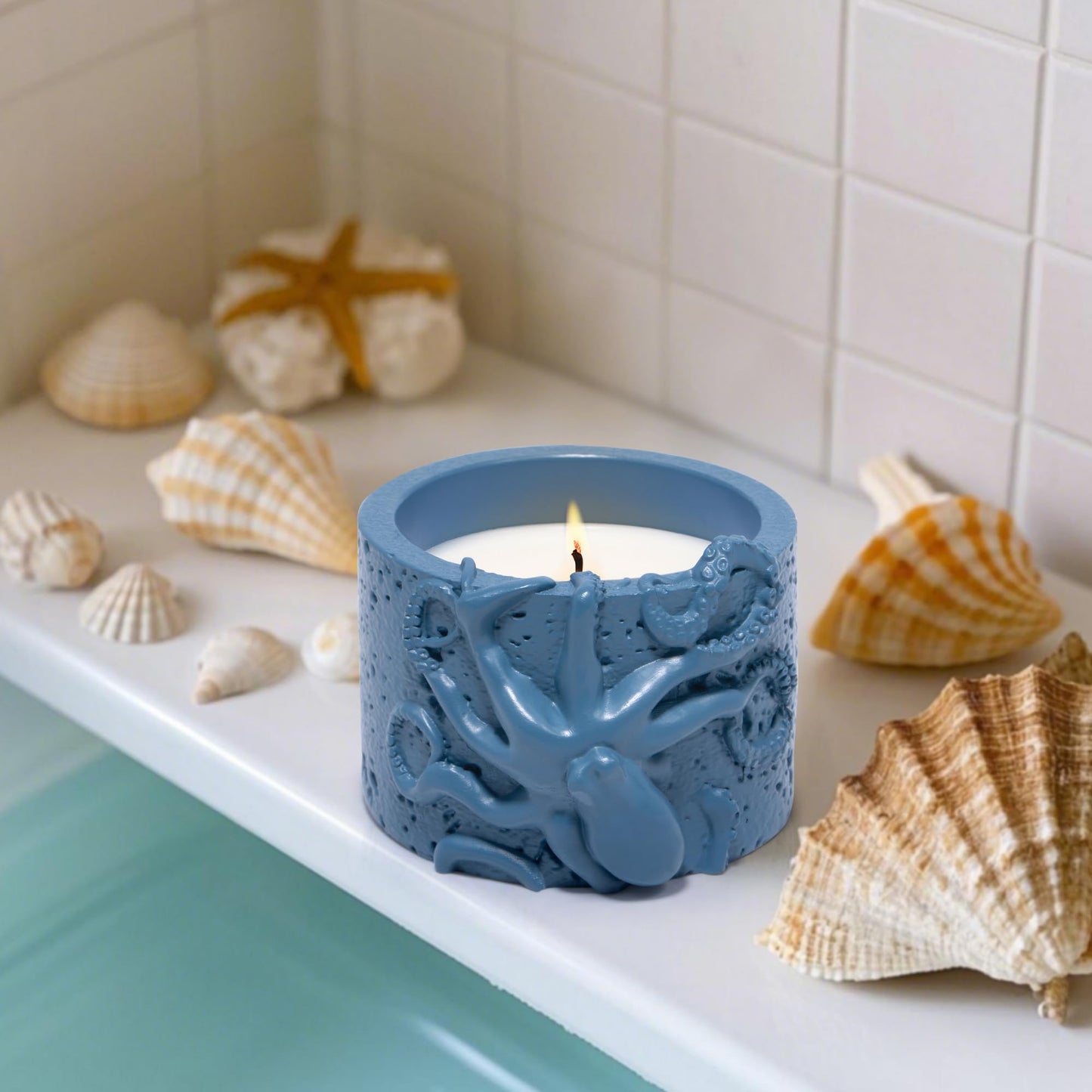 Hodao Oceanic Serenity Handcrafted Aromatherapy Box with Candle & Decor – Beach Rock Sculpture with Sea Turtle, Seashells, for Home, Bathroom, Yoga Room Decor (Blue-Octopus)