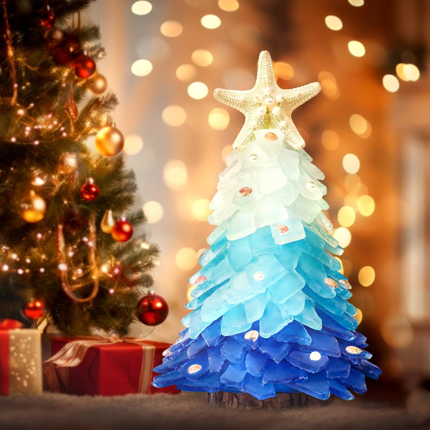 Sea Glass Christmas Tree - Handcrafted Mini Christmas Tree, Table Centerpiece - Ideal for Christmas, New Year, Home Decor, Coastal Holiday Decor and More (Blue Gradient)