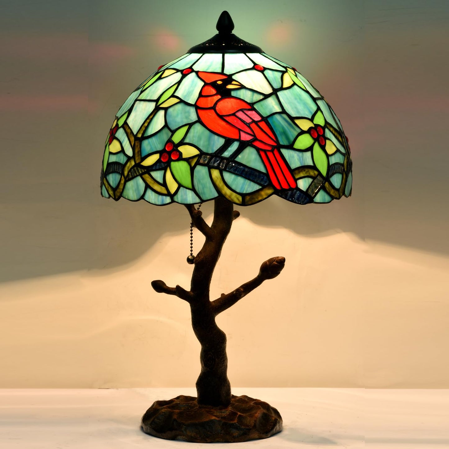 HomeBeauty TL0035 Tiffany Style Stained Glass Table Lamp, Cardinal Bird Desk Lamp with Branch Base, W 12" x OH 21", Great for Home Decor & Night Lighting, LED Bulb Included (Red Cardinal)