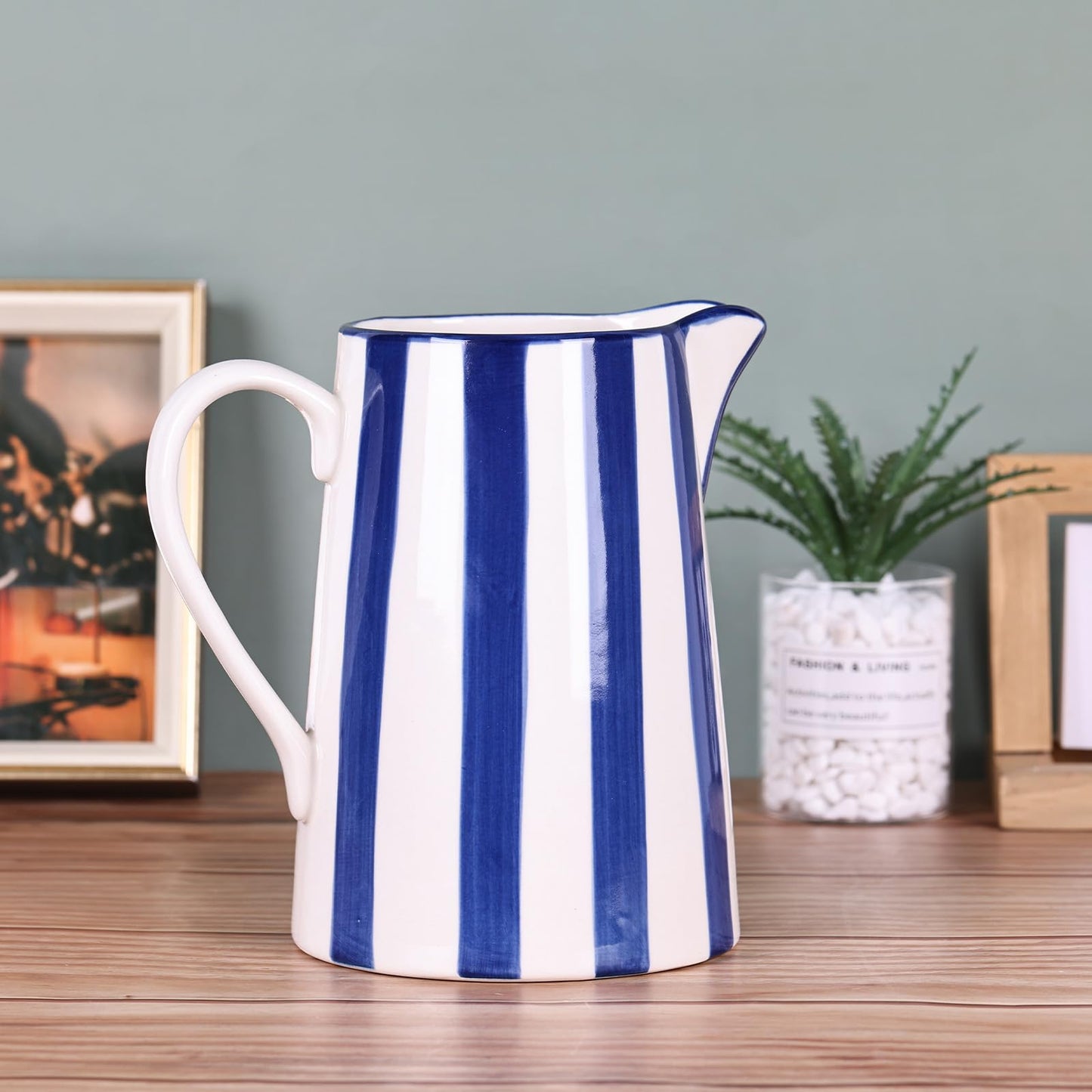 oliruim Ceramic Blue and White Pitcher Vase with Handle, Hand Painted Farmhouse Boho Pottery Jug for Decor Table Centerpiece, Kitchen, Home Desktop Decor Vase (Stripes)
