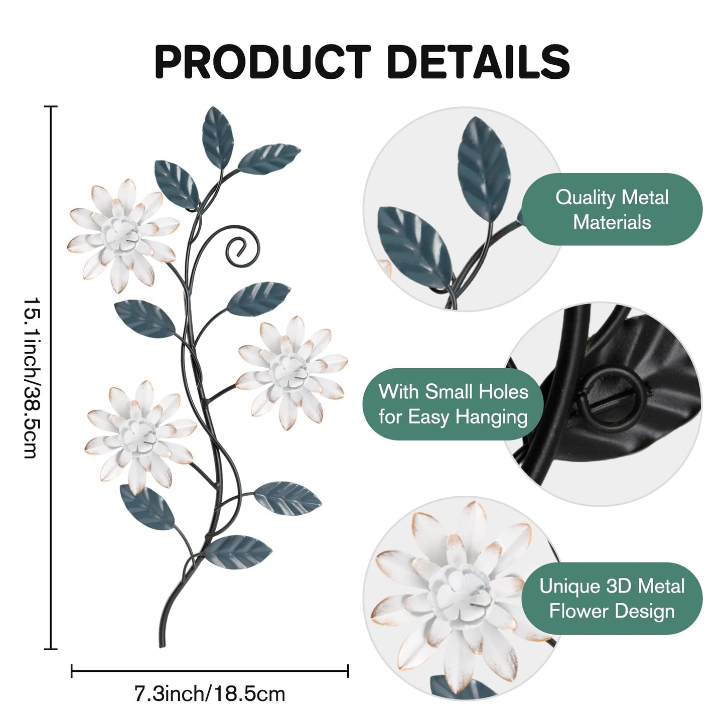 KHJCXS 2 Pieces Metal Flower Leaf Wall Art, 15.1"×7.3" Modern Rustic Iron Artwork Hanging Decor for Home Bedroom Living Room Dining Room Kitchen Hallway Office (White)