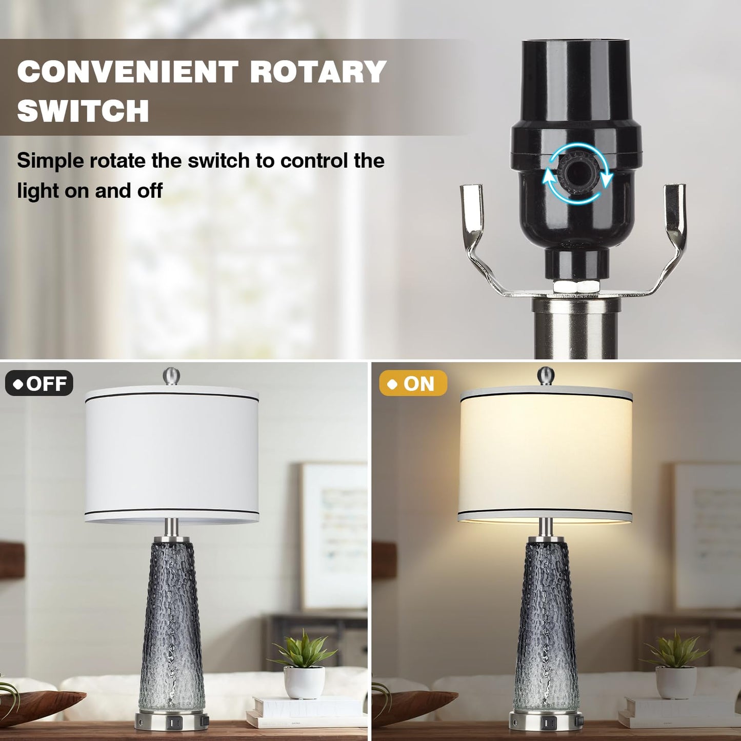 Glass Table Lamp Set of 2, 26" Modern Table Lamps with USB A+C Ports & AC Outlet, Touch Control Bedside Nightstand Lamp with LED Night Light for Living Room Bedroom Home Decor Black(4 Bulbs Included)