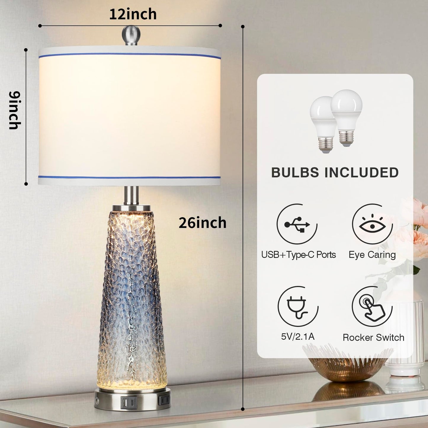 Coastal Glass Table Lamps for Living Room, 26" Table Lamps with USB A+C Ports & AC Outlet, Touch Control Bedside Nightstand Lamp with Crystal Night Light for End Table Office Desk Blue(Bulbs Included)