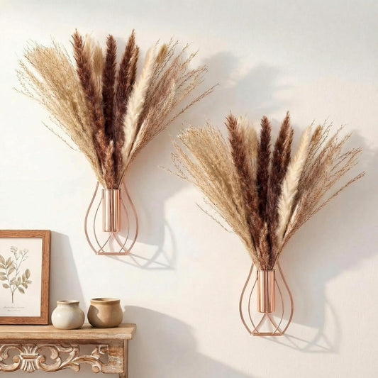 Otoolling Boho Wall Decor Set of 2 – Metal Hanging Wall Art with Faux Pampas or Eucalyptus,Minimalist Bohemian Accent for Living Room, Bedroom, Entryway(Rose Gold,Pampas)
