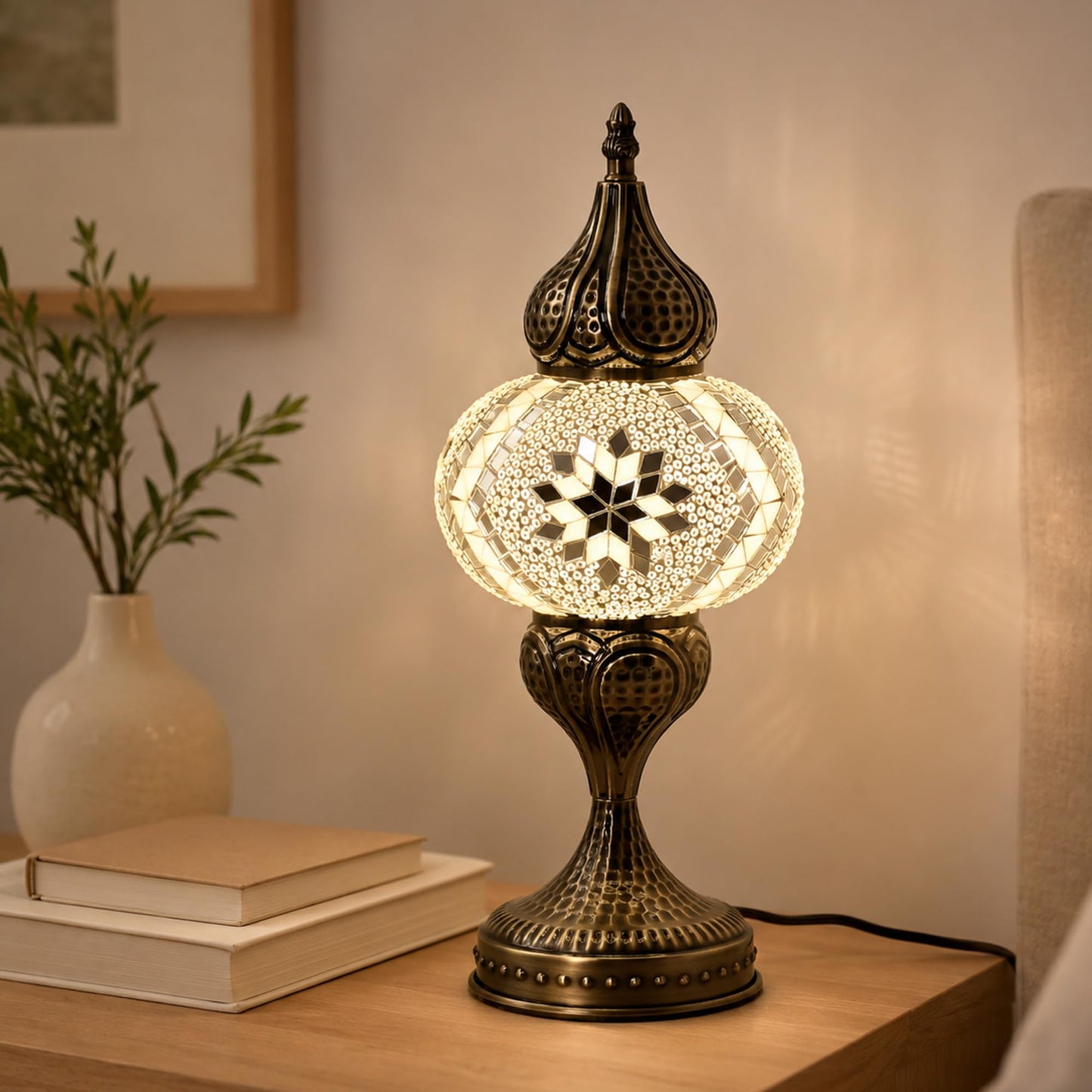 GOGERS Decorative Mosaic Bedside Lamp, Turkish Moroccan Style Table Lamp with White Silver Glass Shade, E12 LED Bulb Included, Warm Ambient Lamp for Nightstand, Bedroom, Living Room (White)