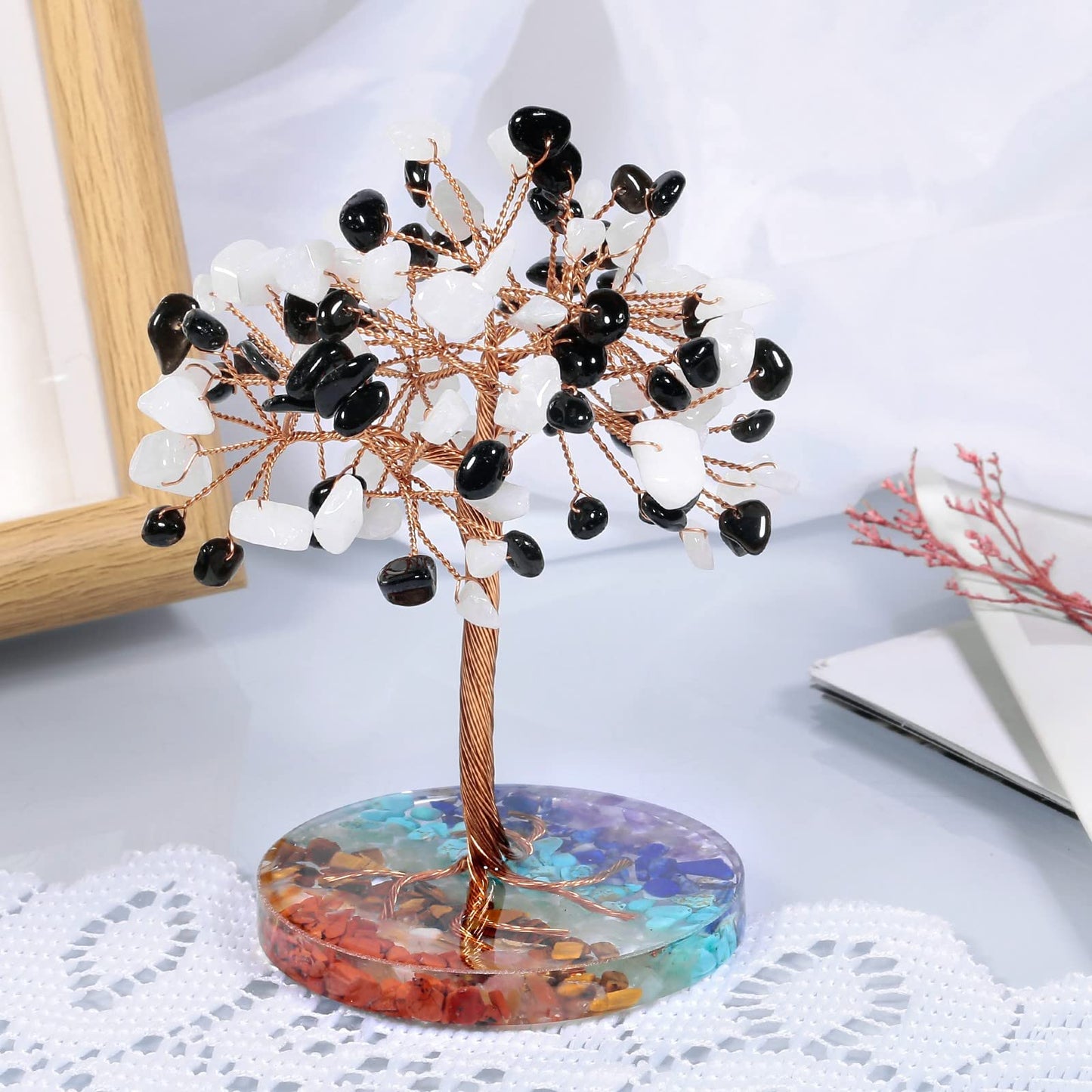 mookaitedecor Natural White Jade & Black Obsidian Crystal Money Tree with 7 Chakra Stones Resin Base Crystal Trees Feng Shui Sculpture Home Office Decoration Good Luck Gift 4-4.6 Inch