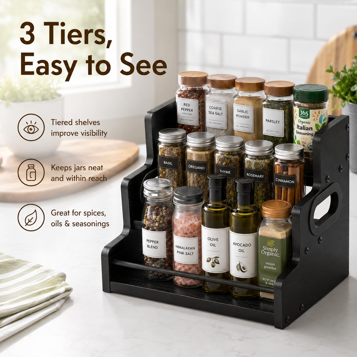 CTCKWMD 3 Tier Spice Rack Organizer for Cabinet, Wood Spice Shelf Storage, Kitchen Seasoning Organizer for Kitchen Countertop or Pantry, Spice Bottles, Bottles, Black