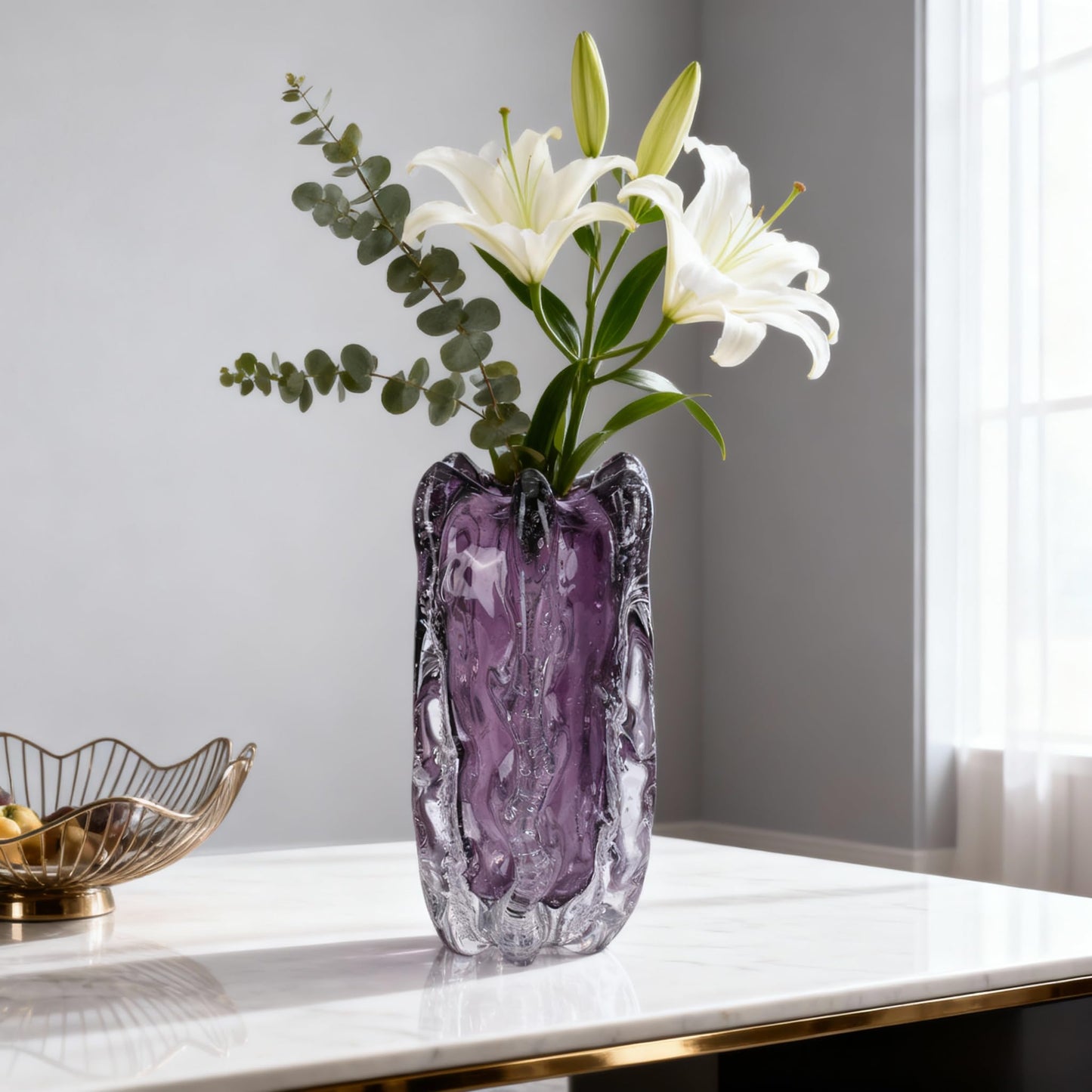 Hand-Blown Glass vase, Unique Wide-Mouth Glass vase, Modern Art Purple Decorative vase, Suitable for Office Spaces, Wedding venues, Living Room Coffee Tables, or as a Centerpiece on Dining Tables.