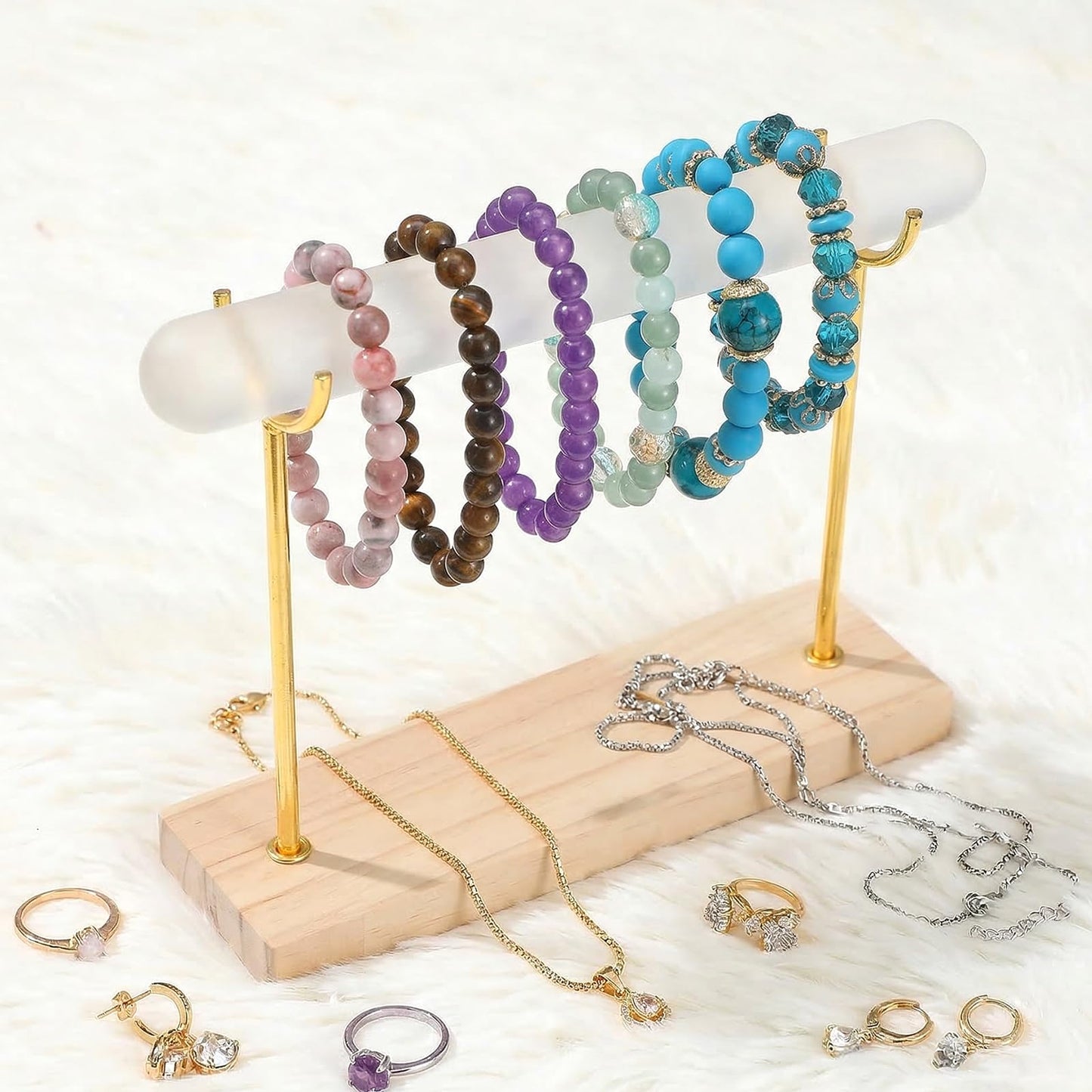 kenaeooe Selenite Bracelet Display Stand - Crystal Healing Jewelry Organizer & Holder for Bracelets, Watches, Necklaces - Detachable Wood Base & Metal Bracket for Cleansing