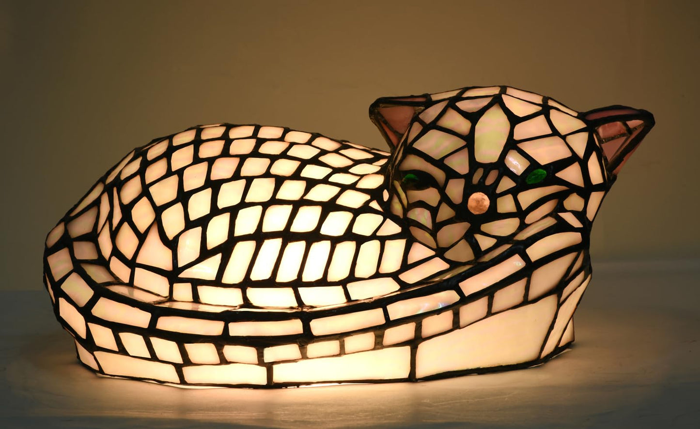 HomeBeauty A0013 Cute Sleeping Cat Tiffany Style Table Lamp, 11.5" L x 7.125" W x 5.5" H, Handmade Stained Glass Night Light for Livingroom Bedroom Home Decoration, LED Bulb Included (Sleeping Cat)