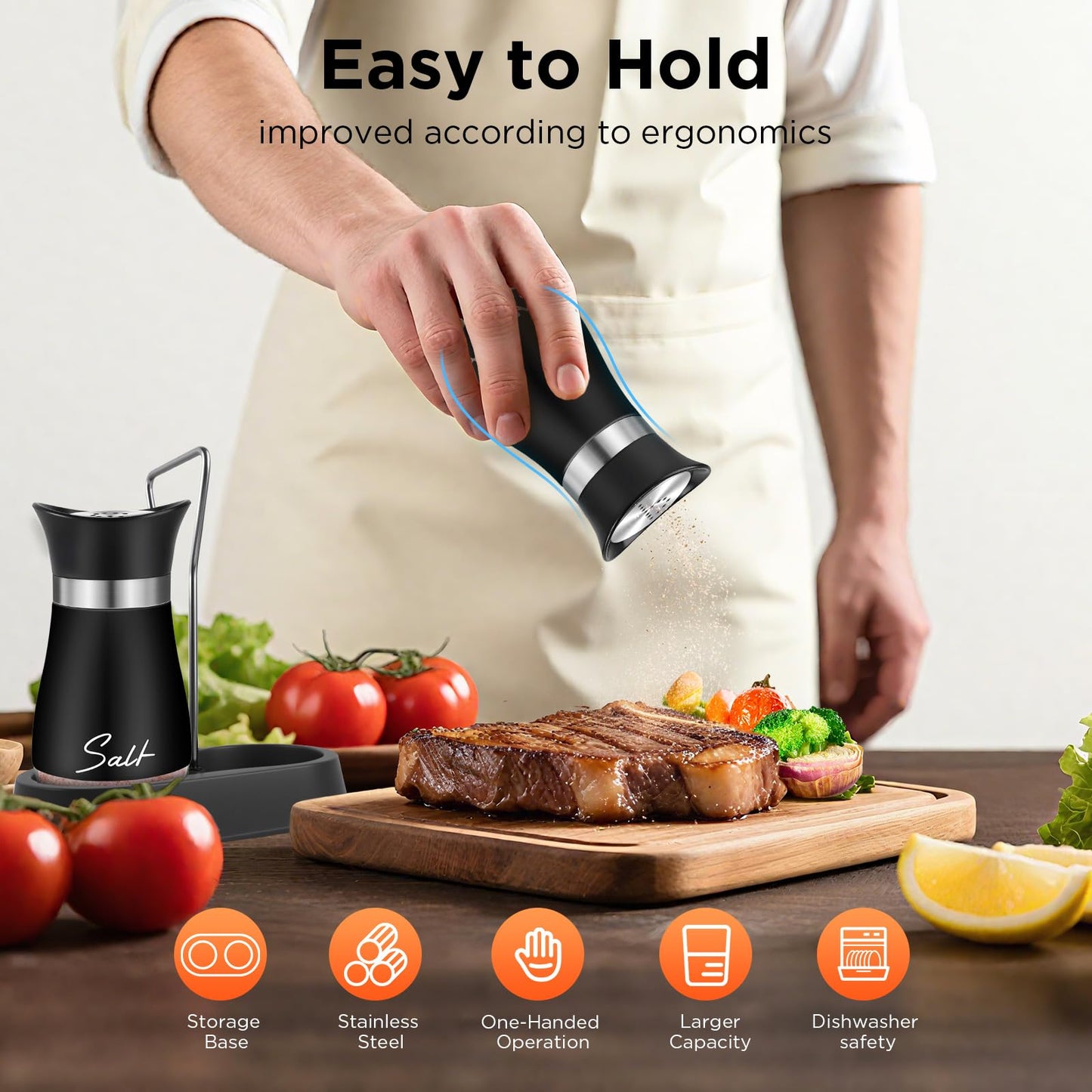 Salt and Pepper Shakers, Farmhouse Salt and Pepper Shakers Set with Holder, electroplated Handle, 4 oz Stainless Steel Glass Bottle Dispenser, for Table, RV, Camp, BBQ (Black)