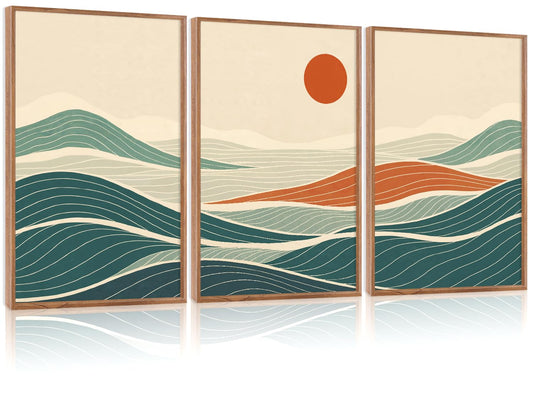 CHDITB Coastal Wave Framed Canvas Wall Art Set, Panoramic Minimalist Sea Wall Decor, Sun Ocean Waves Line Art Wall Painting, Modern Blue Art Prints for Living Room, Beach House Decor 16"x24"x3