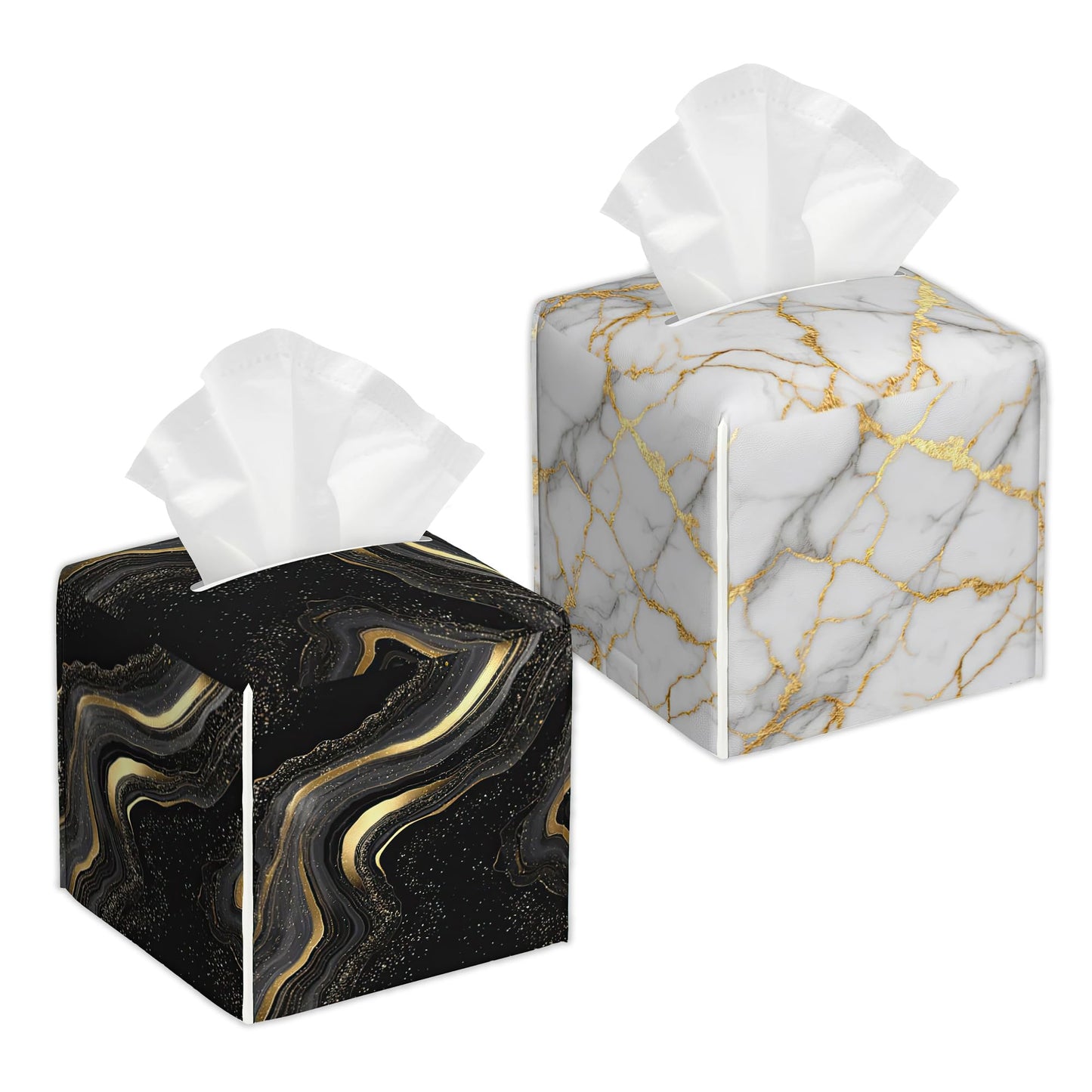 Black White Gold Marble 2 Pcs Tissue Box Holder Square Tissue Box Cover Facial Cube Napkin Organizer Dispenser for Bedroom Office Bathroom Decor